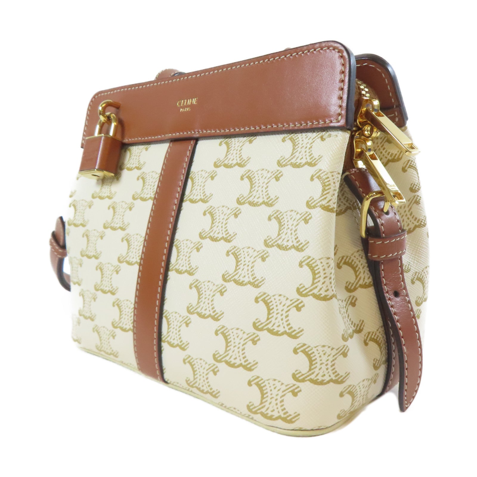 CELINE Triomphe塗層帆布Shoulder Bag金扣肩背袋白色/啡色