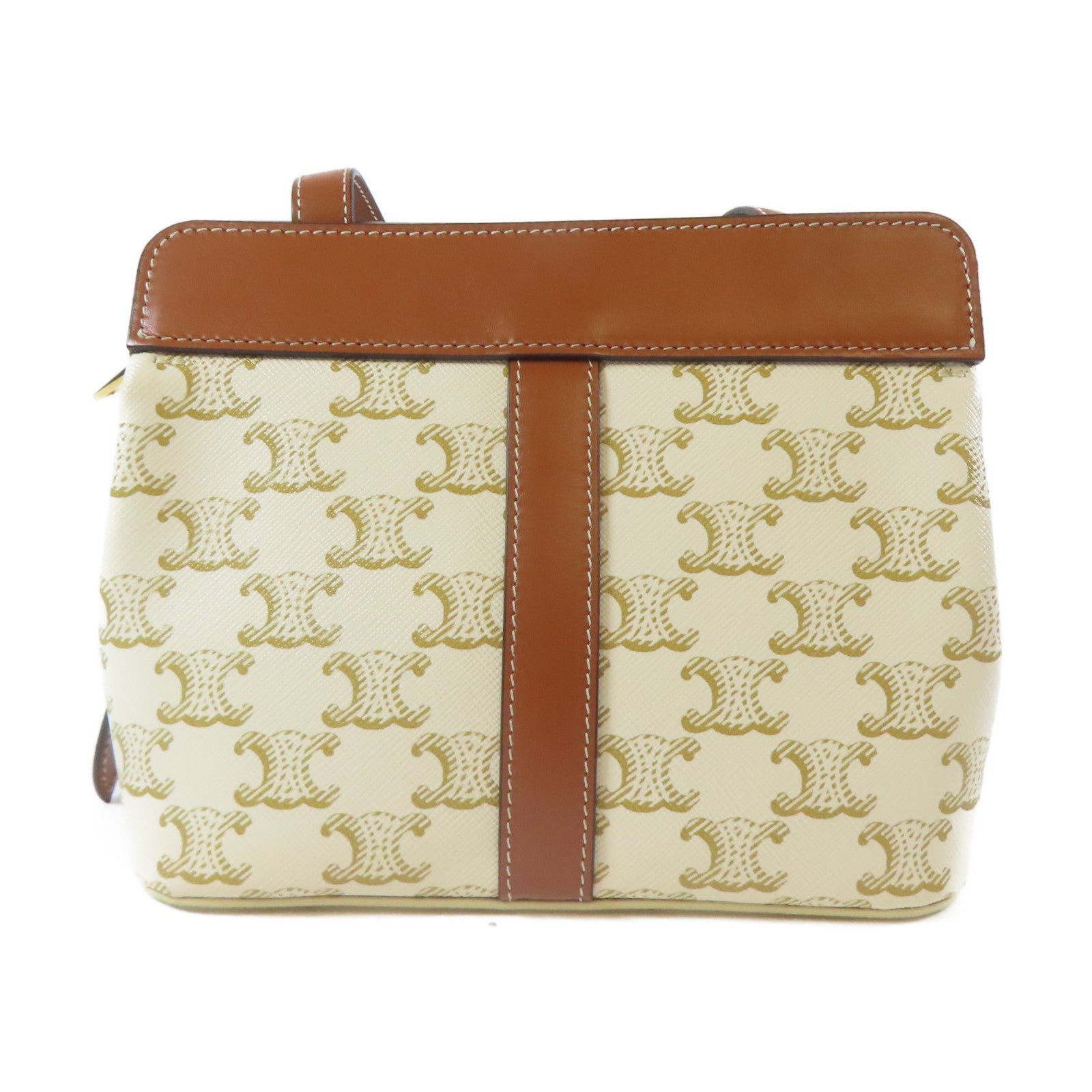 CELINE Triomphe塗層帆布Shoulder Bag金扣肩背袋白色/啡色