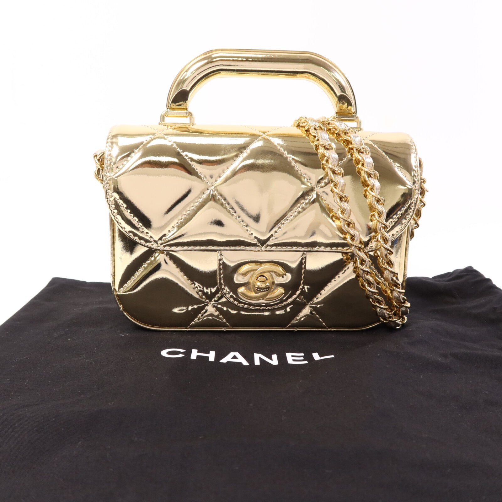 CHANEL 【激減優惠】牛皮皮革Chain Shoulder金扣鏈帶手挽肩背兩用袋
