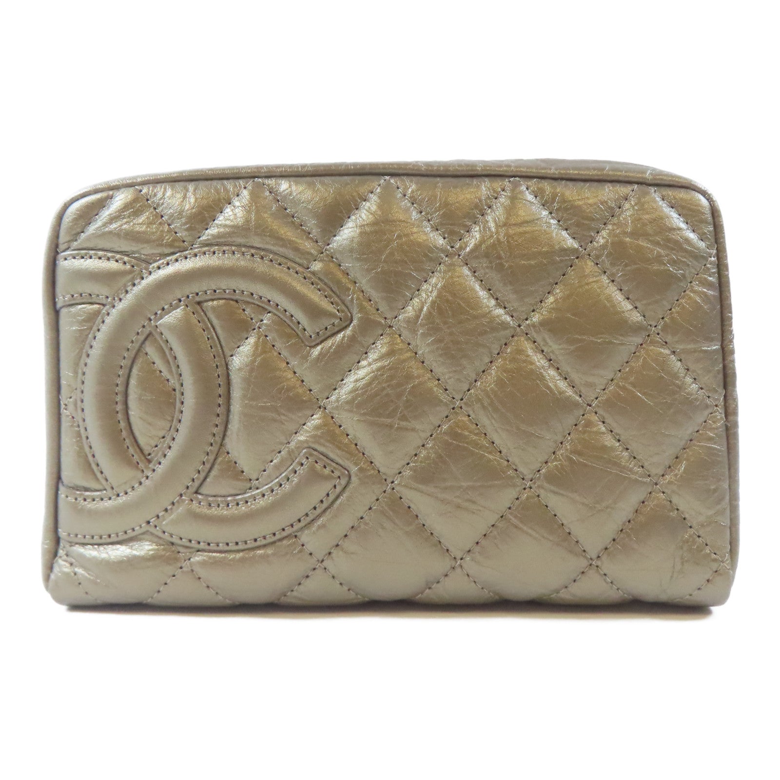 CHANEL 菱格牛皮皮革Pouch銀扣化妝袋金色