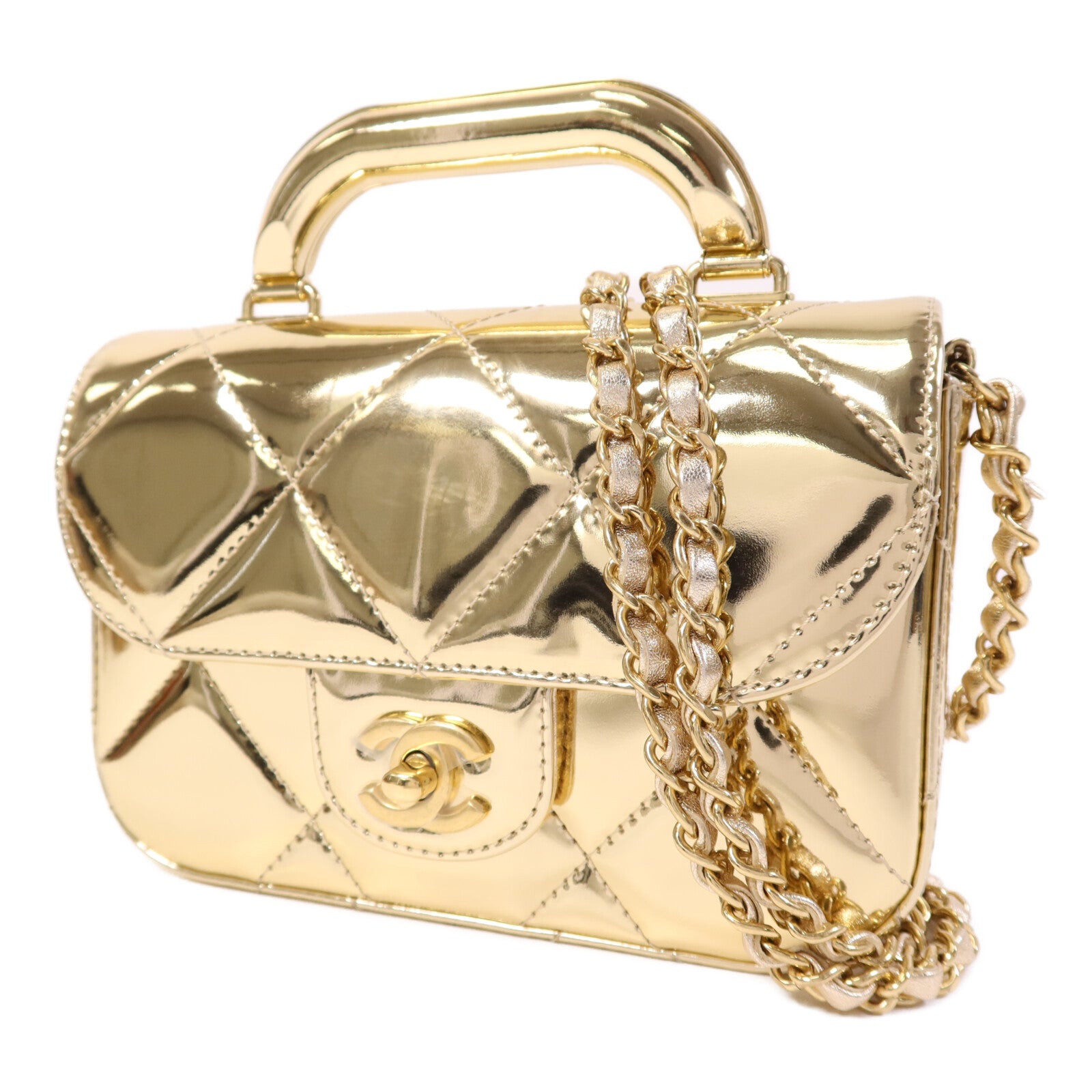 CHANEL 【激減優惠】牛皮皮革Chain Shoulder金扣鏈帶手挽肩背兩用袋