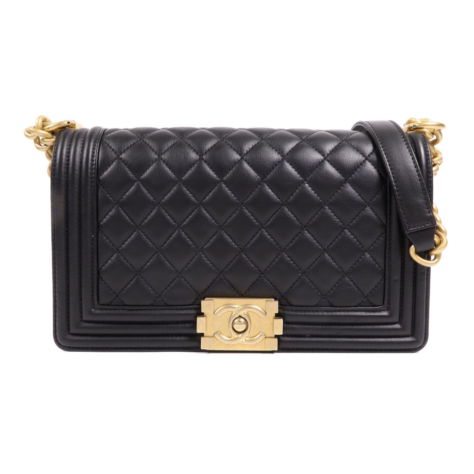 CHANEL 羊皮皮革Boy 25金扣鏈帶肩背袋