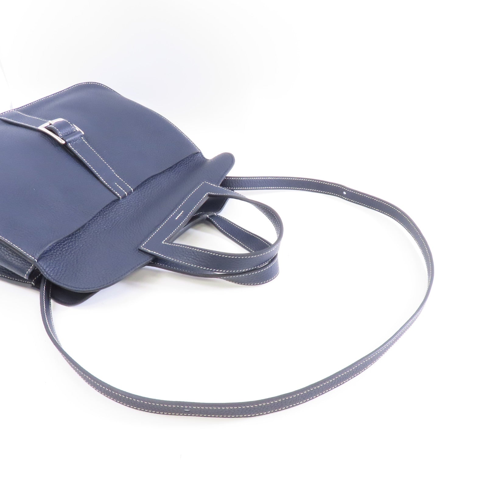 HERMES Clemence皮革Halzan 31銀扣手挽肩背兩用袋Deep Blue藍色