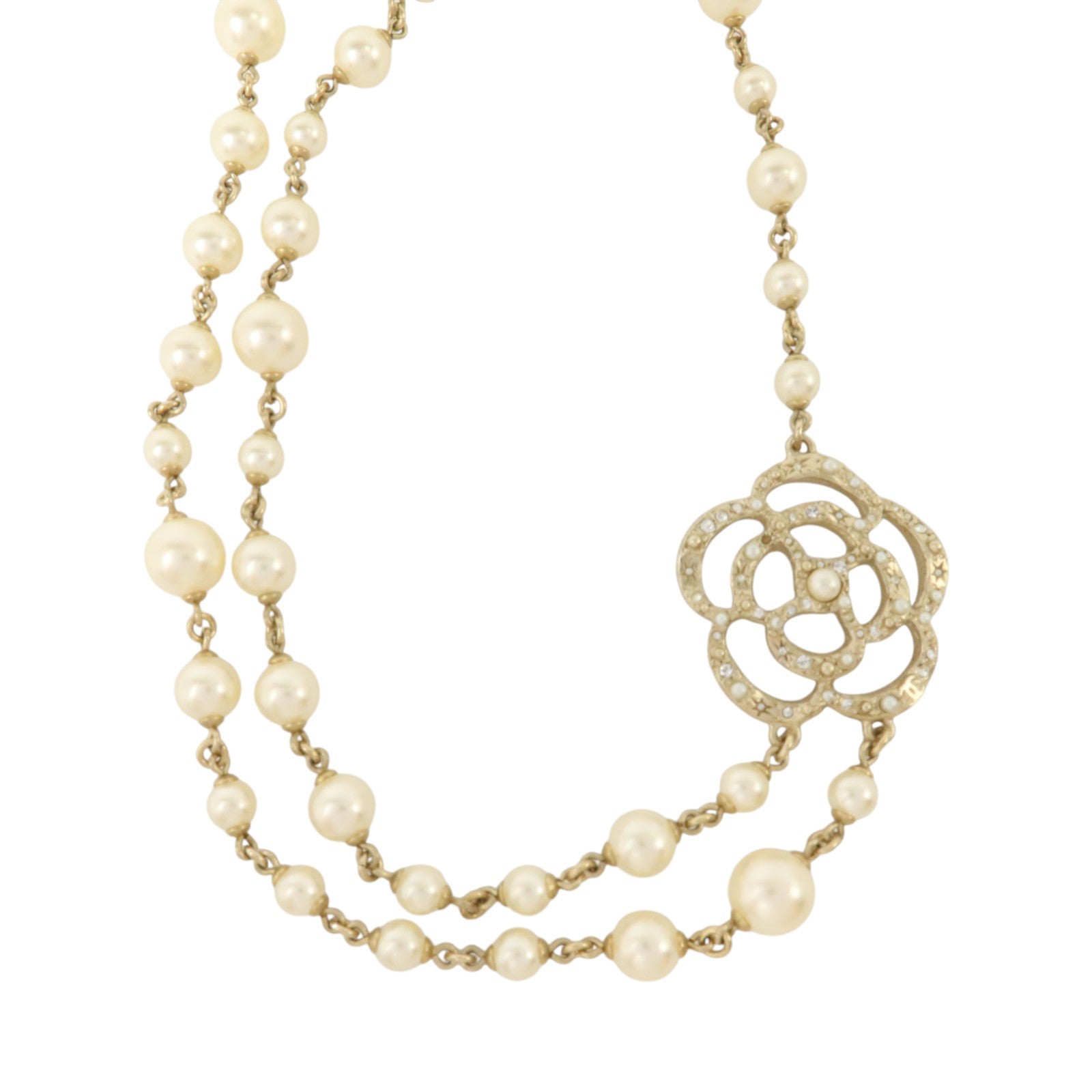 CHANEL PVC/金屬Crystal Camellia Pearl Necklace項鏈