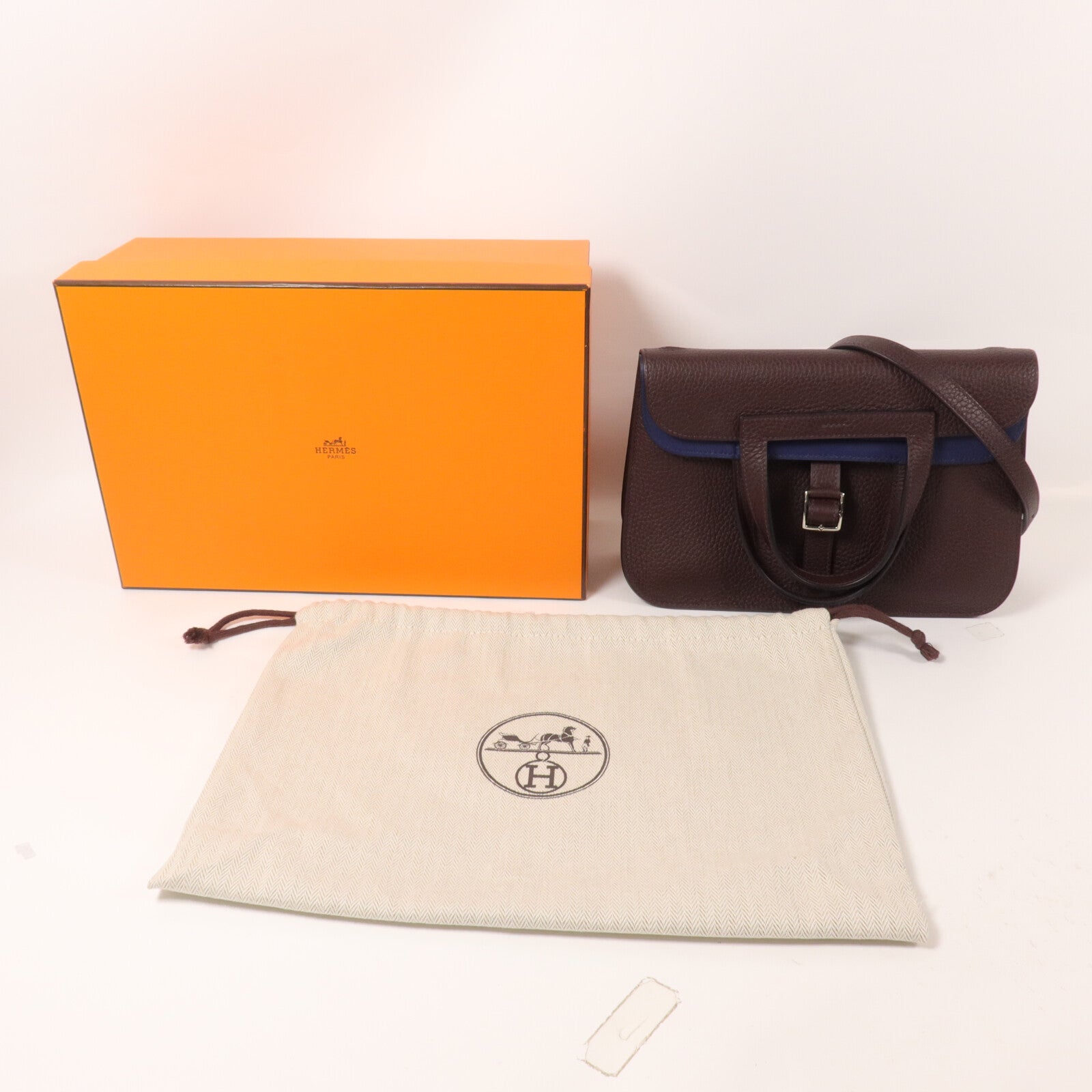 HERMES Clemence皮革Halzan 25手挽肩背兩用袋Rouge Sellier/Bleu Saphir