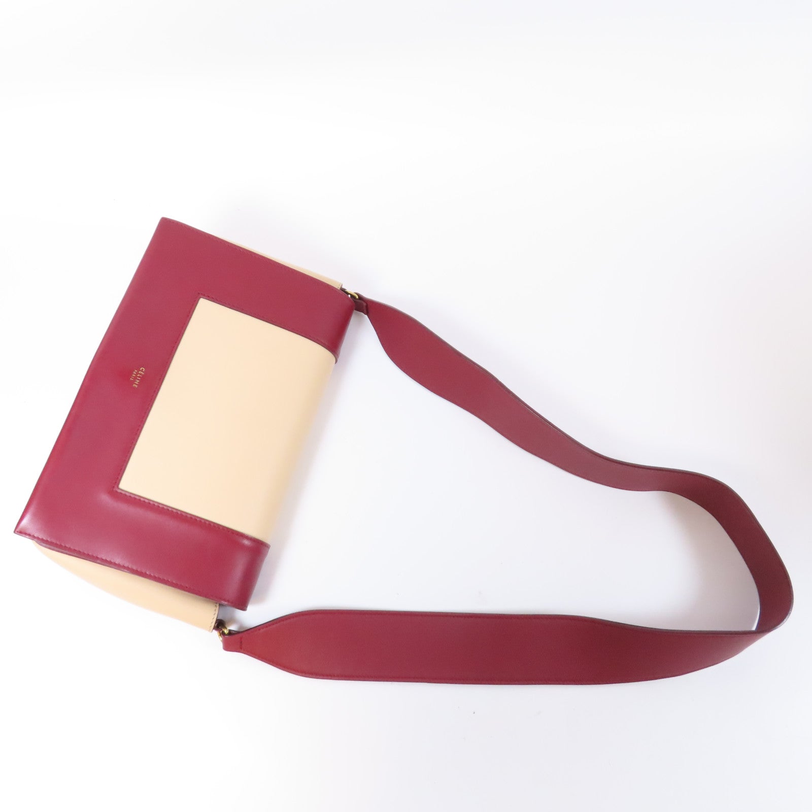 CELINE 【激減優惠】牛皮皮革Frame Medium Shoulder Bag金扣肩背袋紅色/米色
