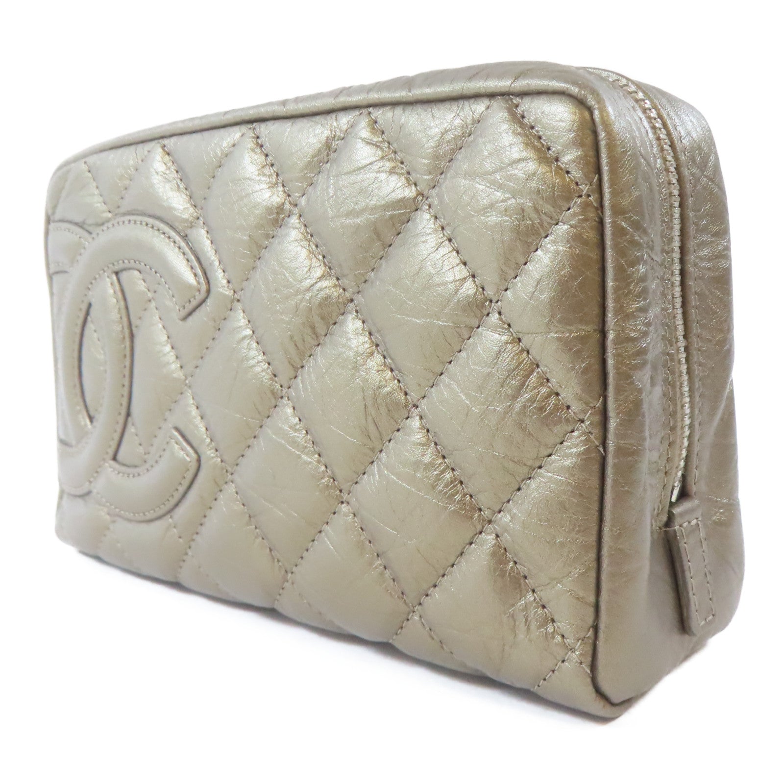 CHANEL 菱格牛皮皮革Pouch銀扣化妝袋金色