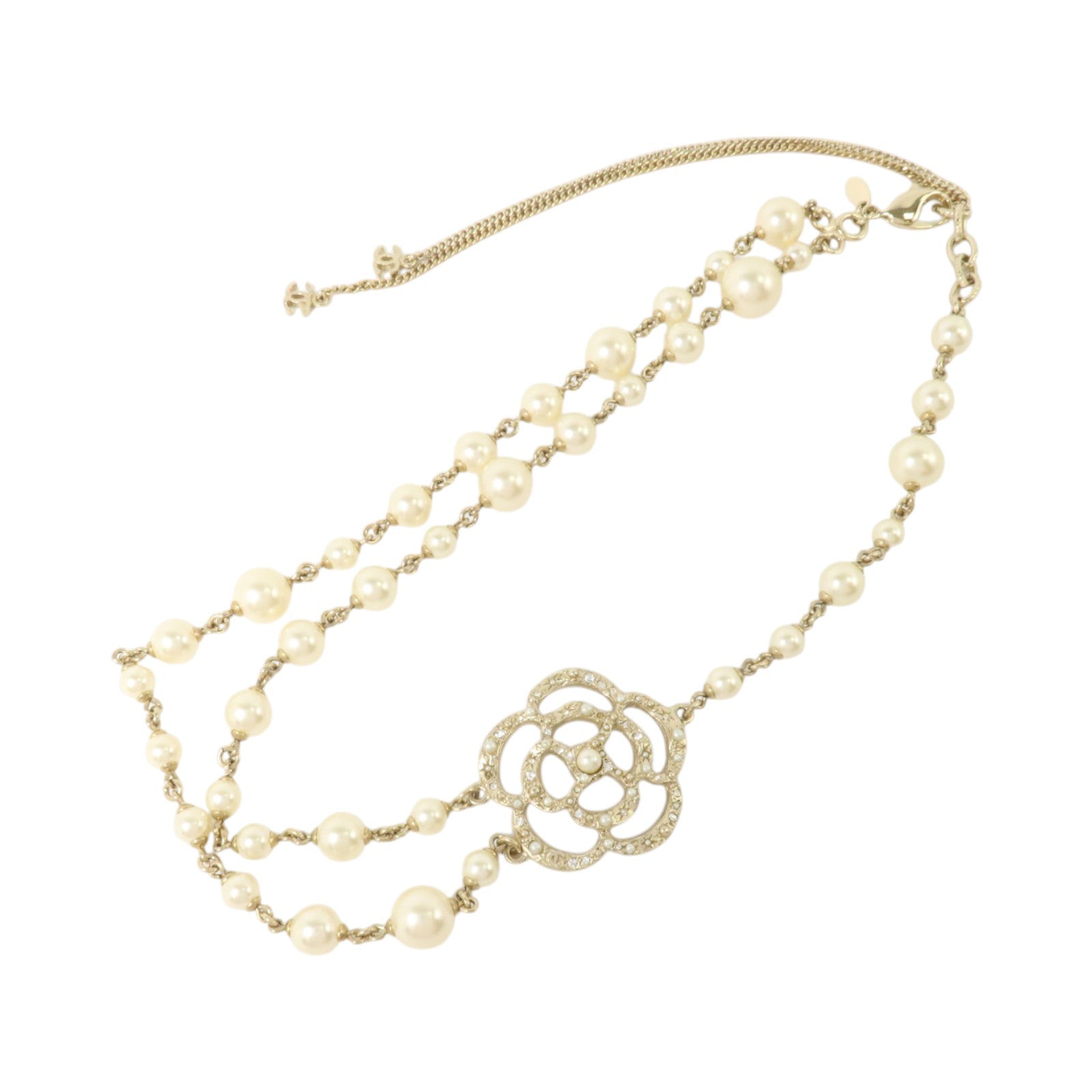 CHANEL PVC/金屬Crystal Camellia Pearl Necklace項鏈