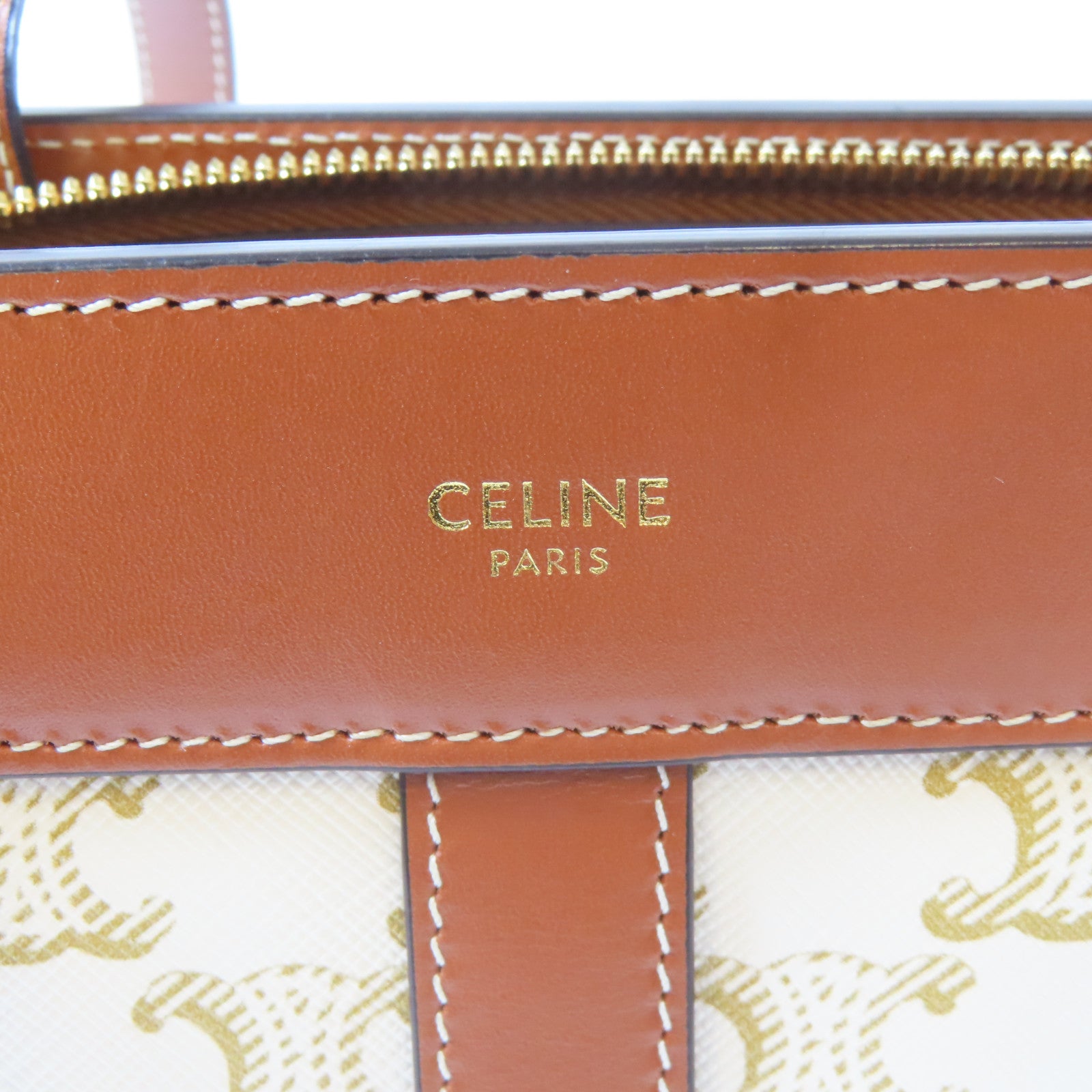 CELINE Triomphe塗層帆布Shoulder Bag金扣肩背袋白色/啡色