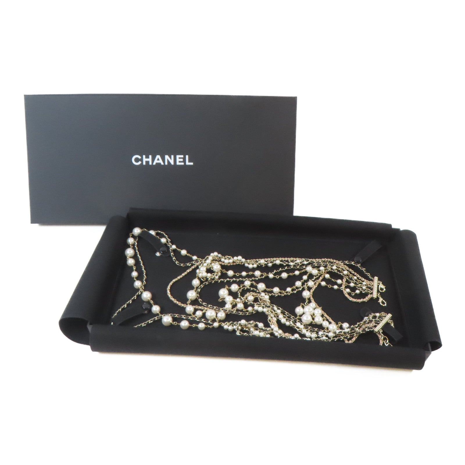 CHANEL PVC/金屬Pearl Long Chain項鍊粉紅色/黑色