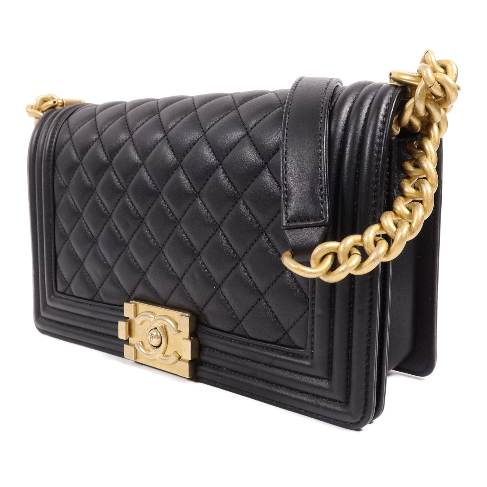 CHANEL 羊皮皮革Boy 25金扣鏈帶肩背袋