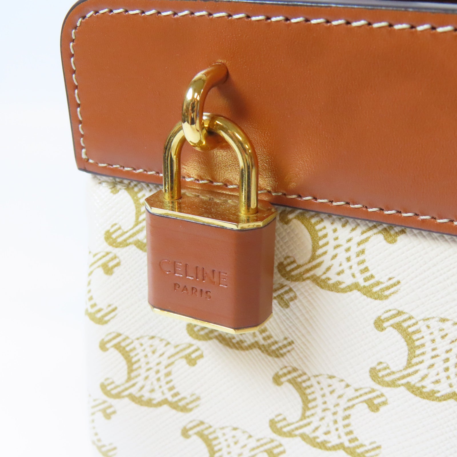 CELINE Triomphe塗層帆布Shoulder Bag金扣肩背袋白色/啡色