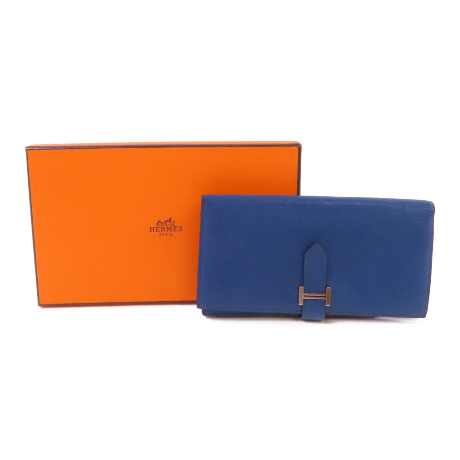 HERMES Chevre皮革Bearn Long Wallet銀扣長錢包73 Bleu Saphir/寶石藍色