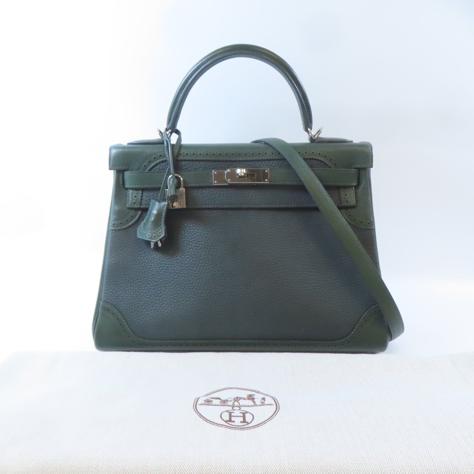 HERMES Swift皮革Kelly Ghillies 32銀扣手挽肩背兩用袋綠色