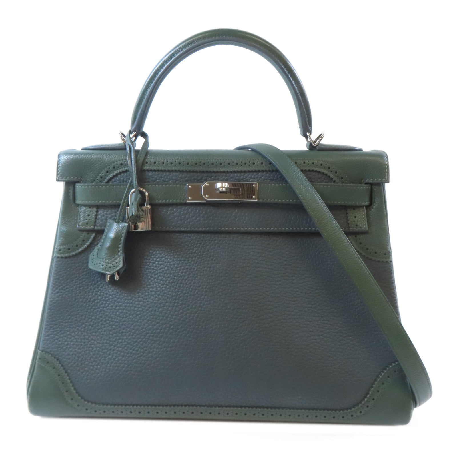 HERMES Swift皮革Kelly Ghillies 32銀扣手挽肩背兩用袋綠色