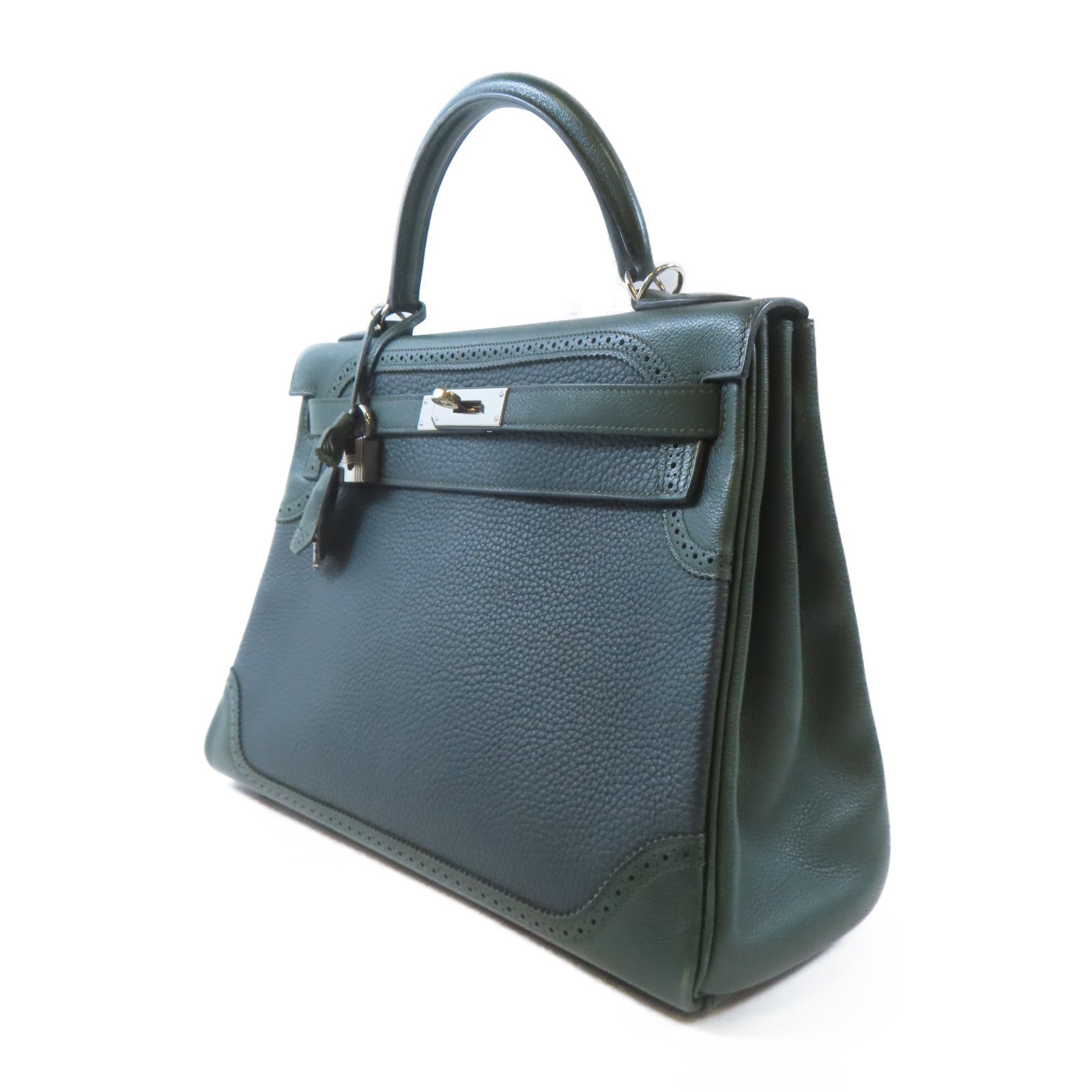 HERMES Swift皮革Kelly Ghillies 32銀扣手挽肩背兩用袋綠色