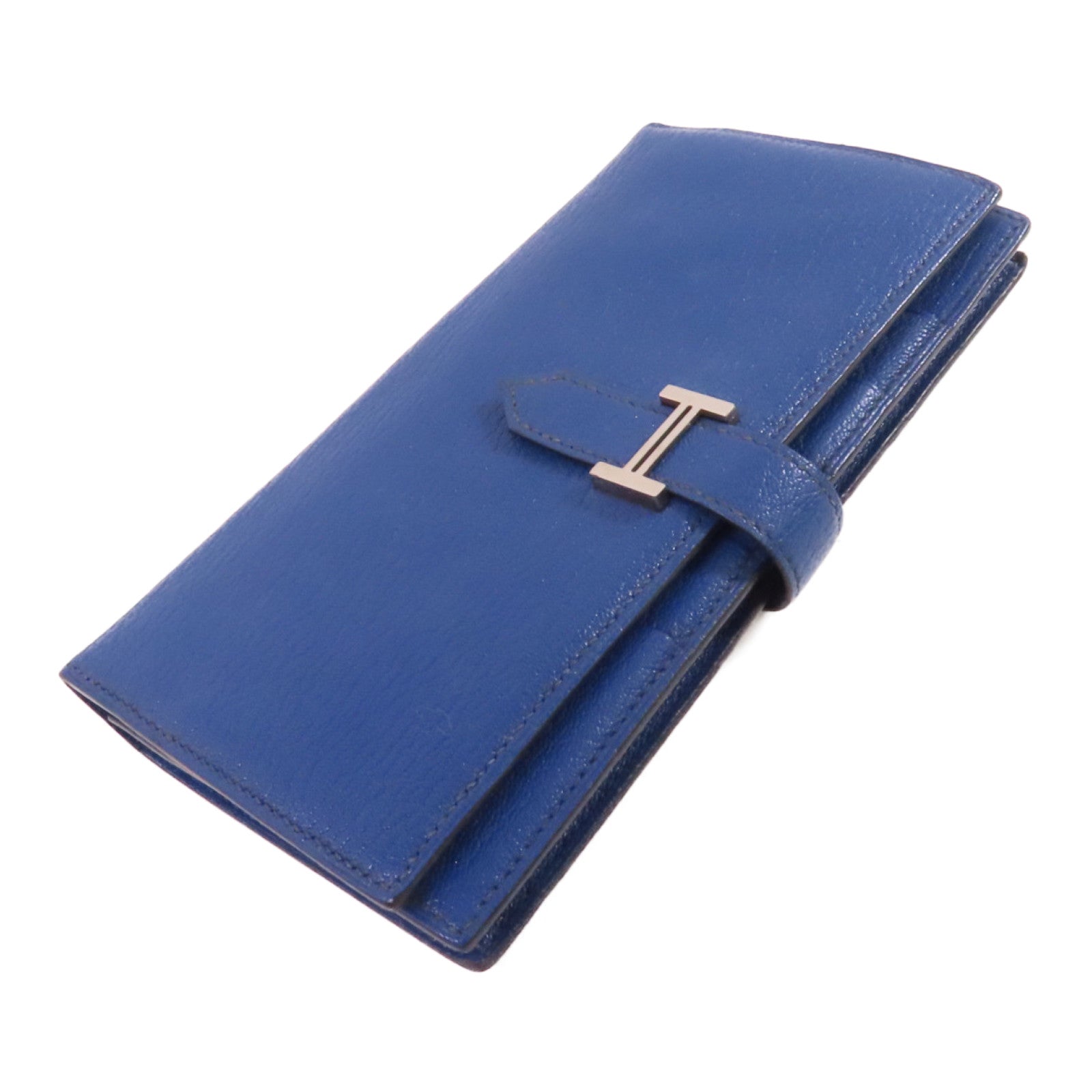 HERMES Chevre皮革Bearn Long Wallet銀扣長錢包73 Bleu Saphir/寶石藍色