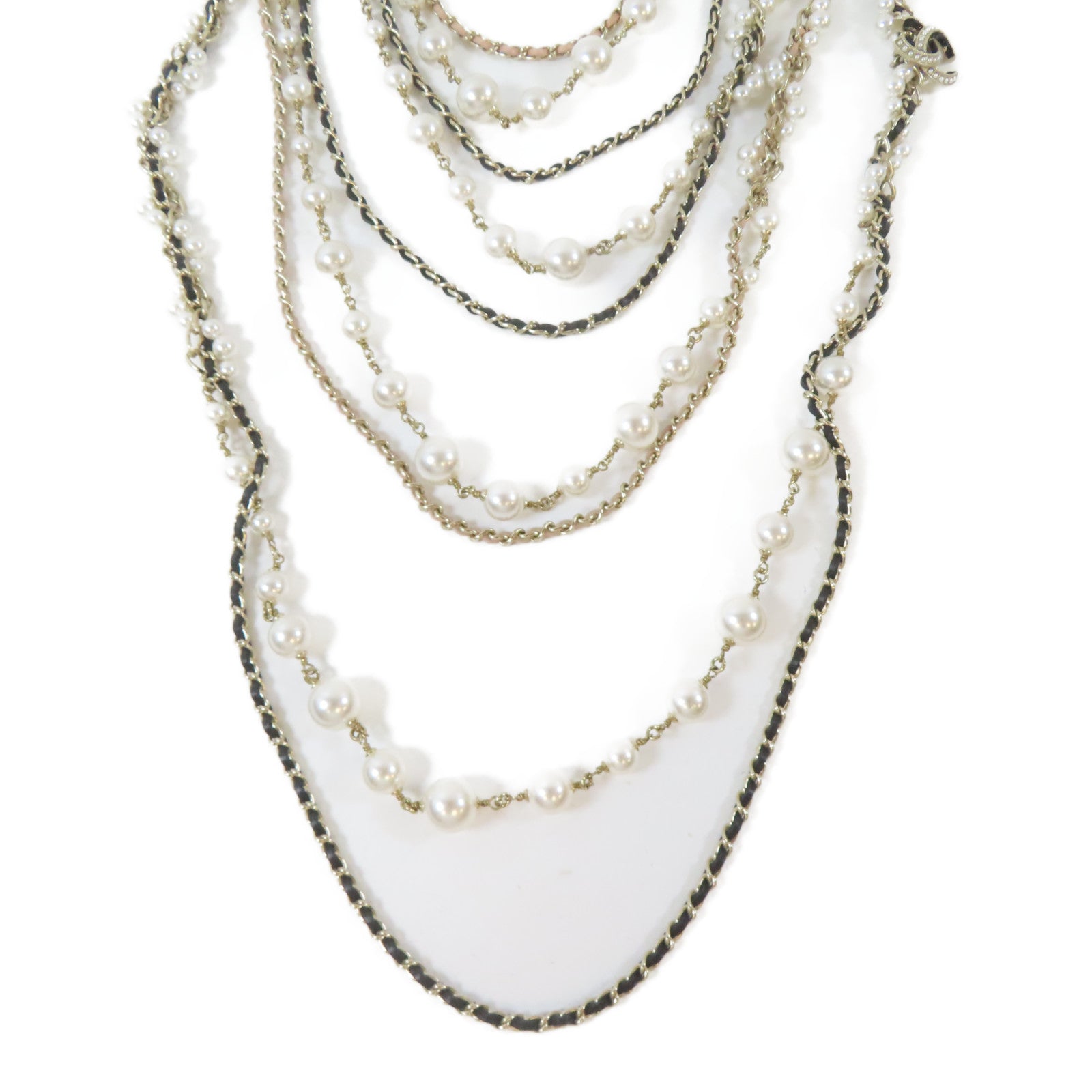CHANEL PVC/金屬Pearl Long Chain項鍊粉紅色/黑色