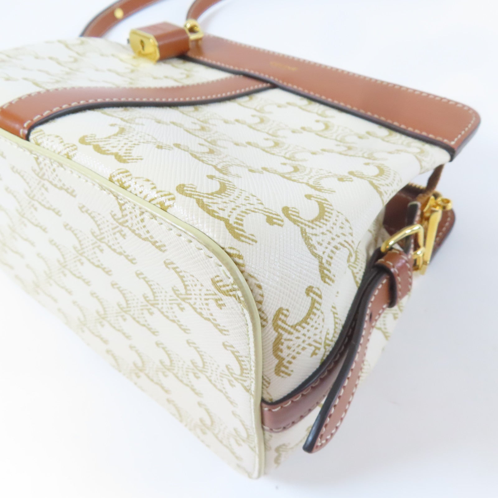 CELINE Triomphe塗層帆布Shoulder Bag金扣肩背袋白色/啡色