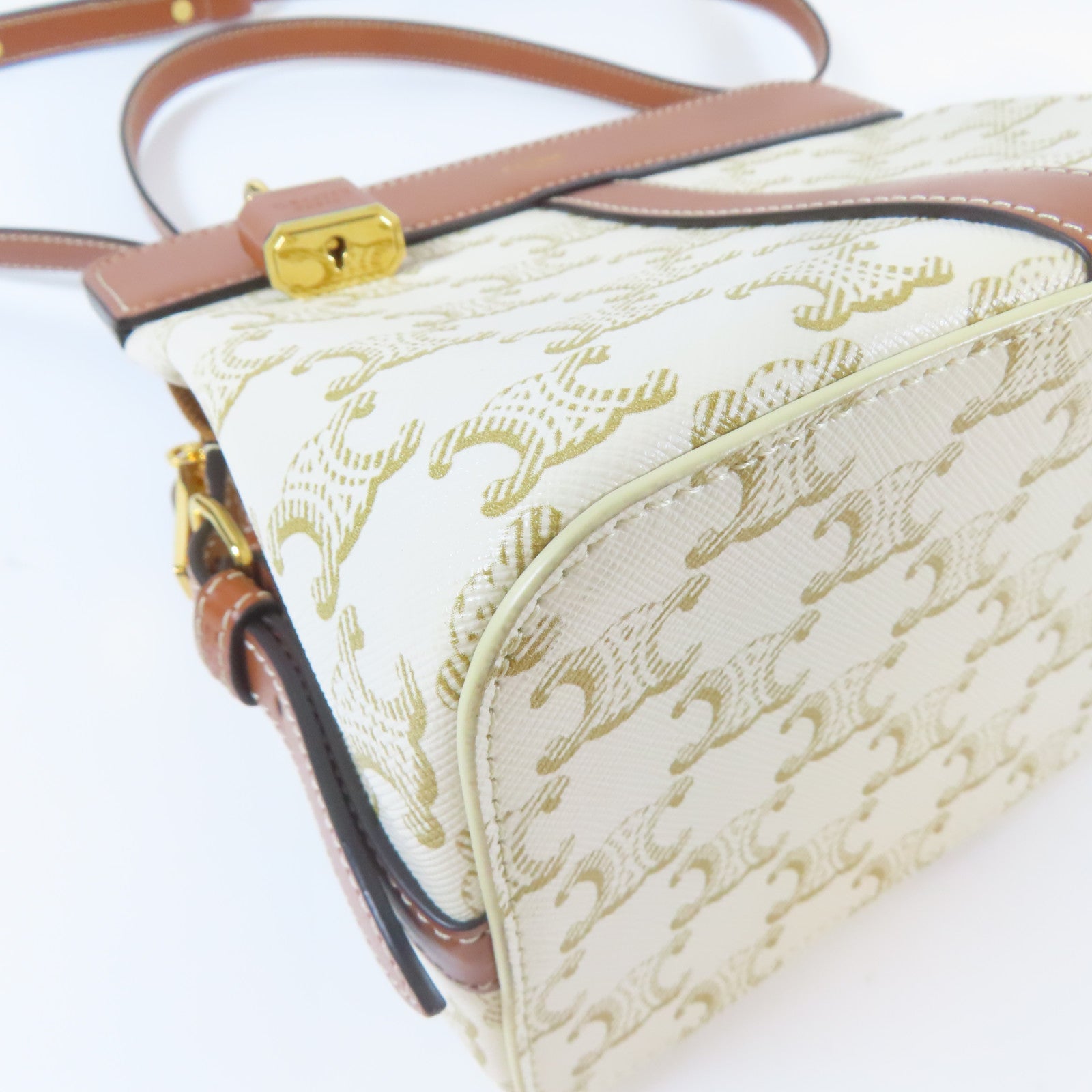 CELINE Triomphe塗層帆布Shoulder Bag金扣肩背袋白色/啡色