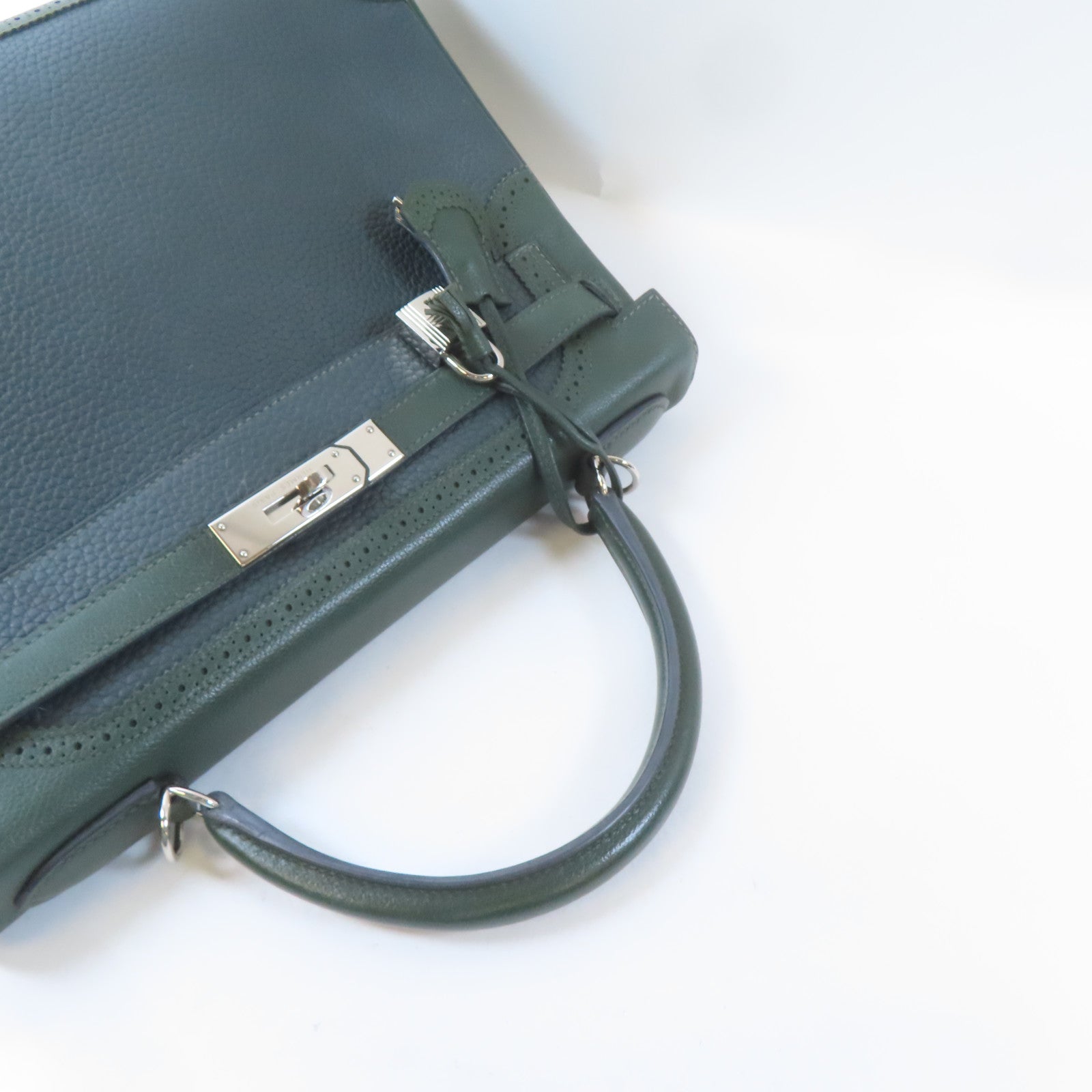 HERMES Swift皮革Kelly Ghillies 32銀扣手挽肩背兩用袋綠色