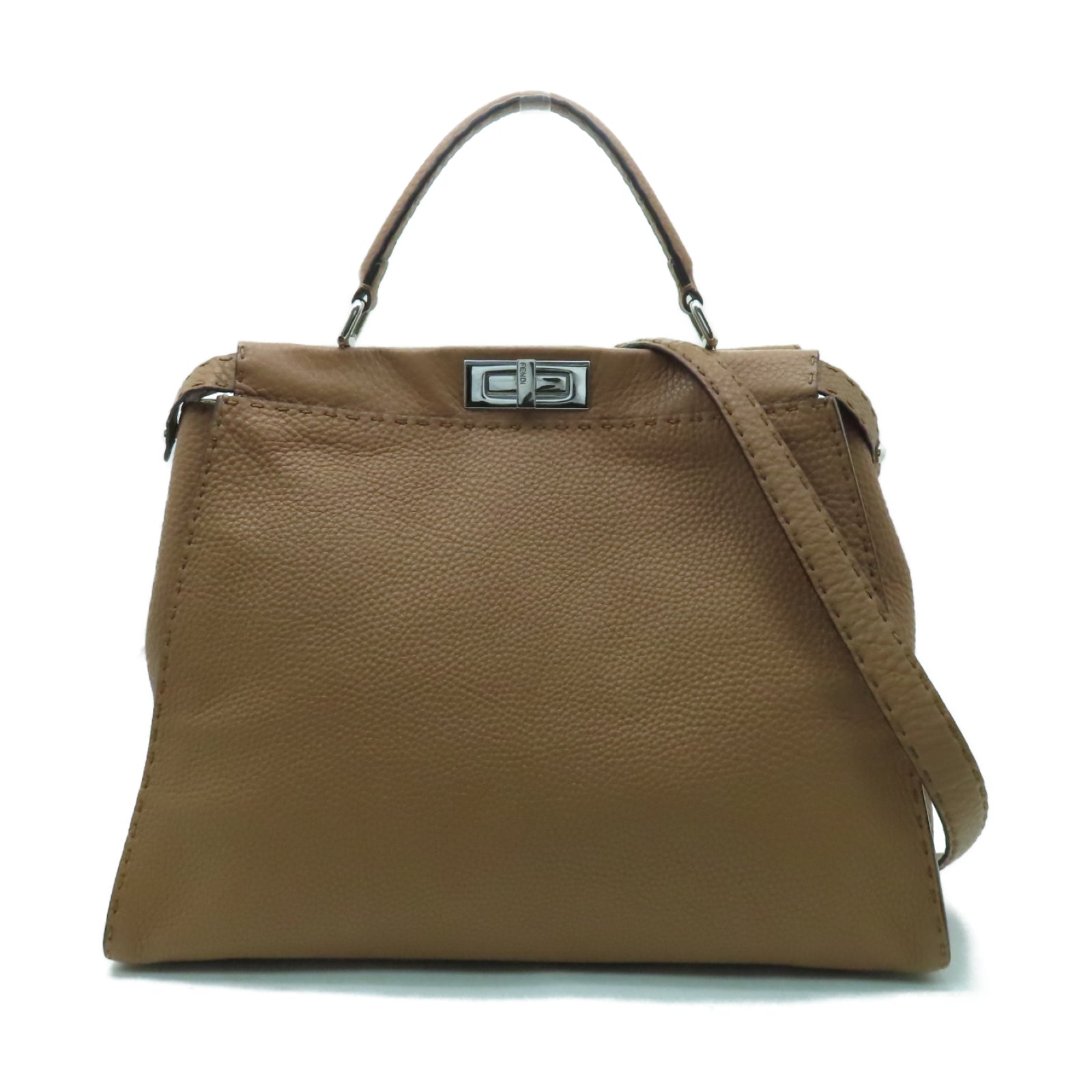 FENDI 【均一特價】牛皮皮革Peekaboo銀扣手挽肩背兩用袋啡色