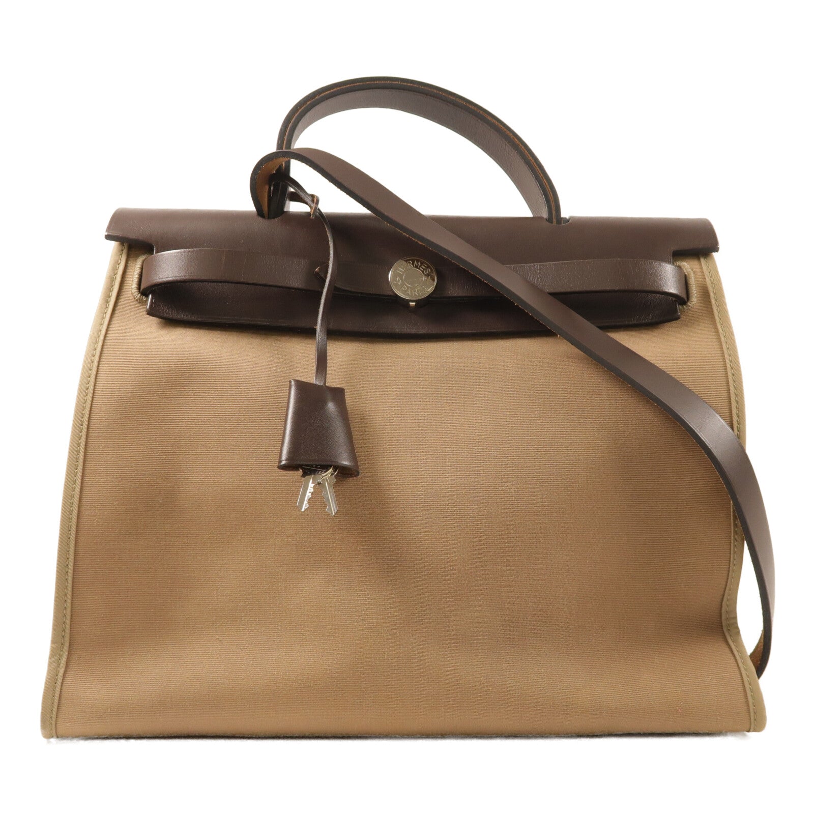 HERMES 帆布Herbag PM銀扣手挽肩背兩用袋Etoupe