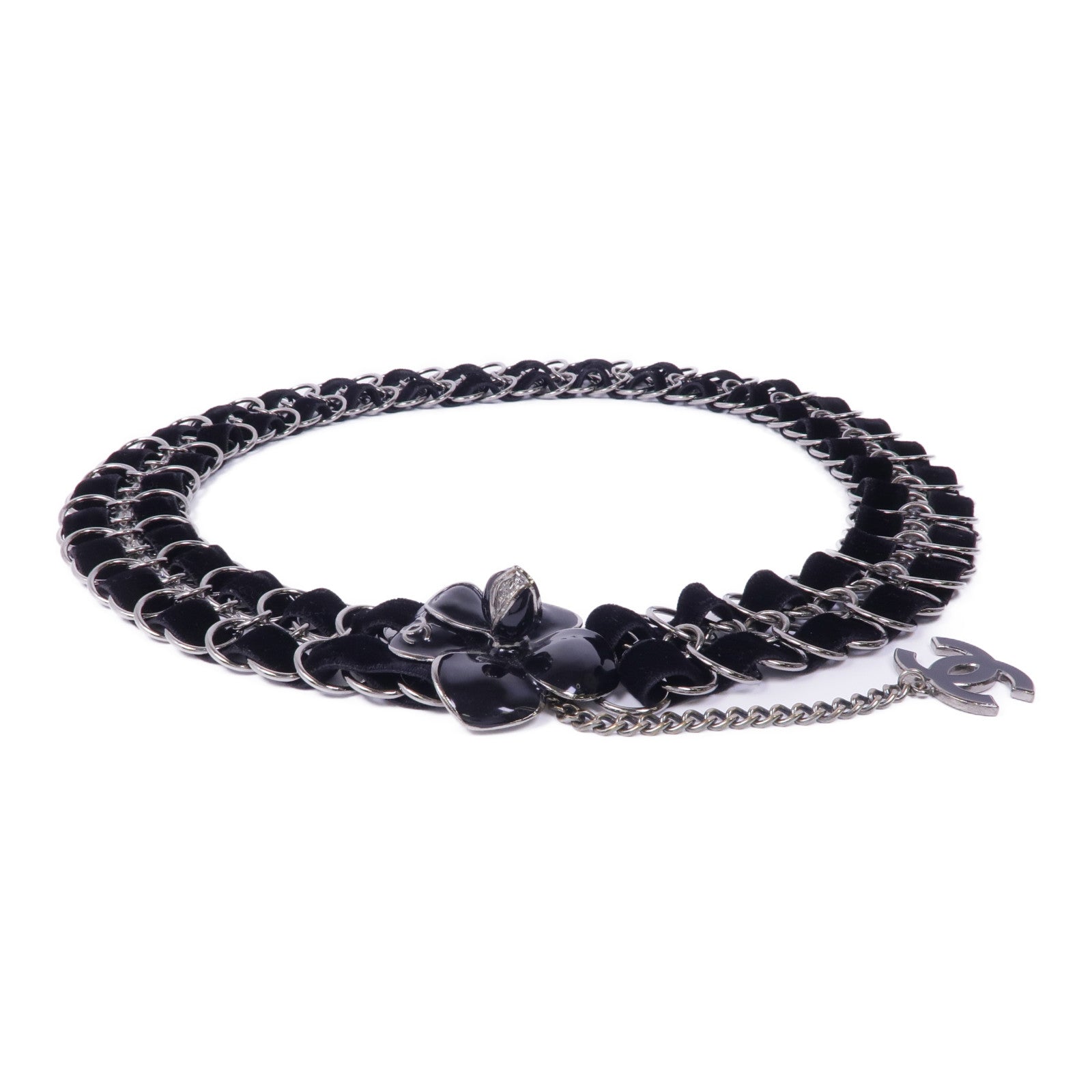 CHANEL 天鵝絨/金屬Belt銀扣皮帶