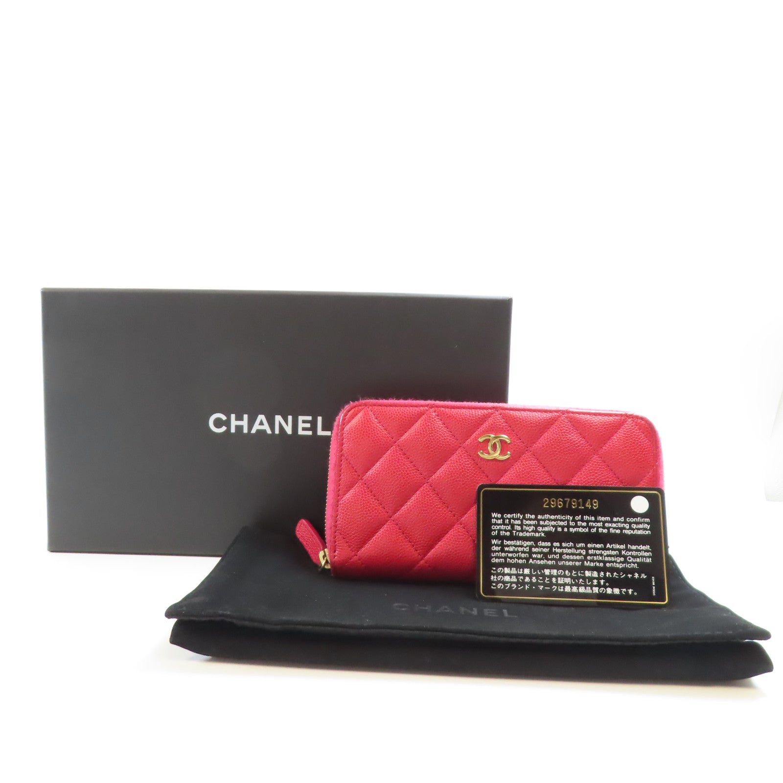 CHANEL 牛皮皮革Zipper Wallet金扣錢包粉紅色
