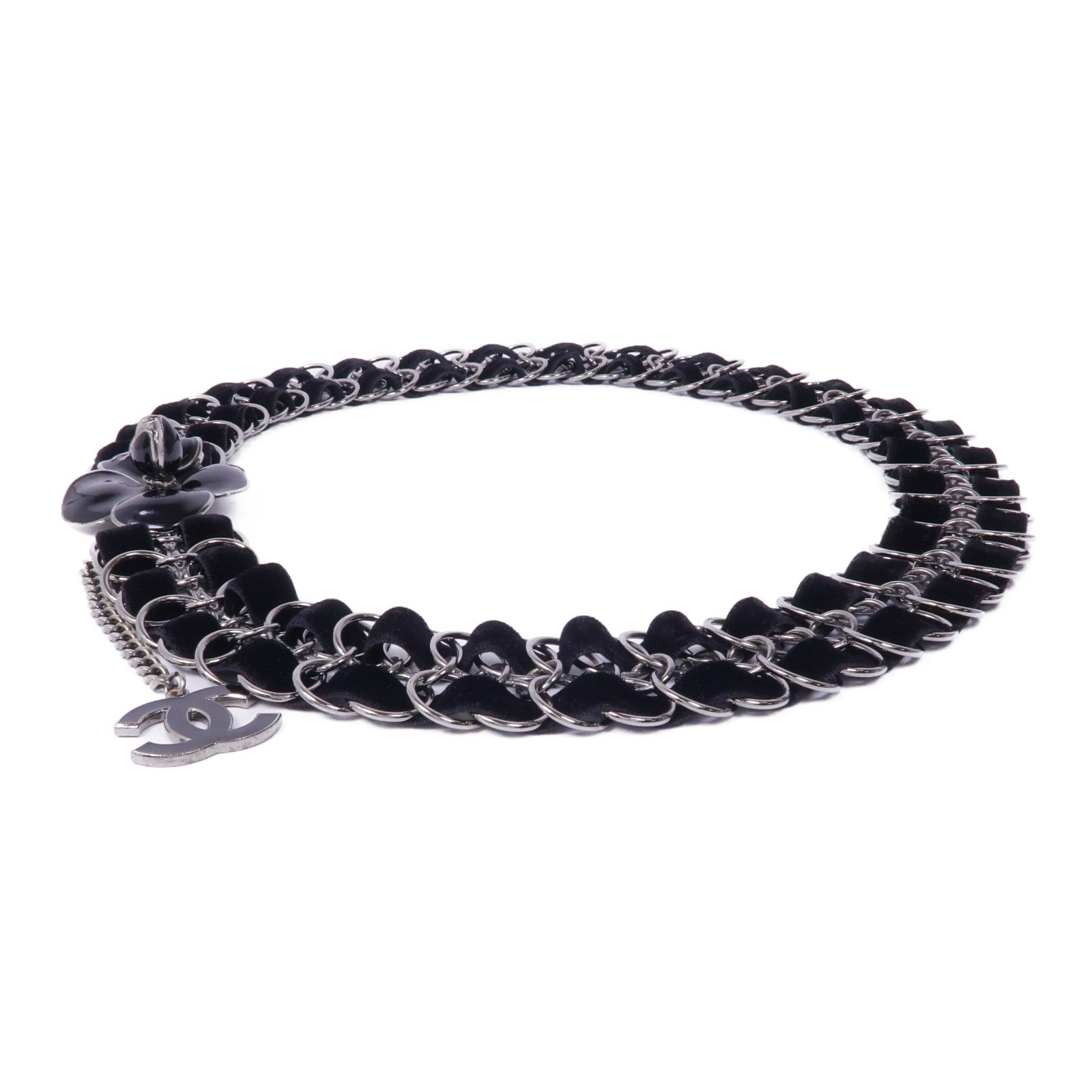 CHANEL 天鵝絨/金屬Belt銀扣皮帶