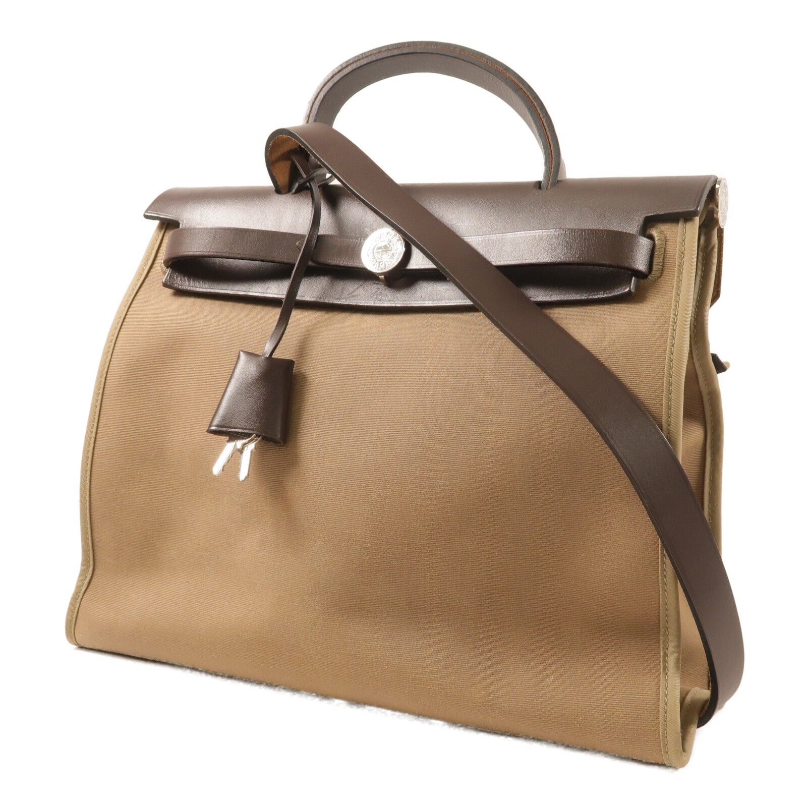 HERMES 帆布Herbag PM銀扣手挽肩背兩用袋Etoupe