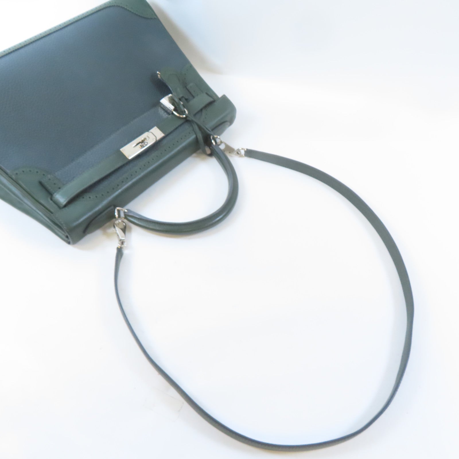 HERMES Swift皮革Kelly Ghillies 32銀扣手挽肩背兩用袋綠色