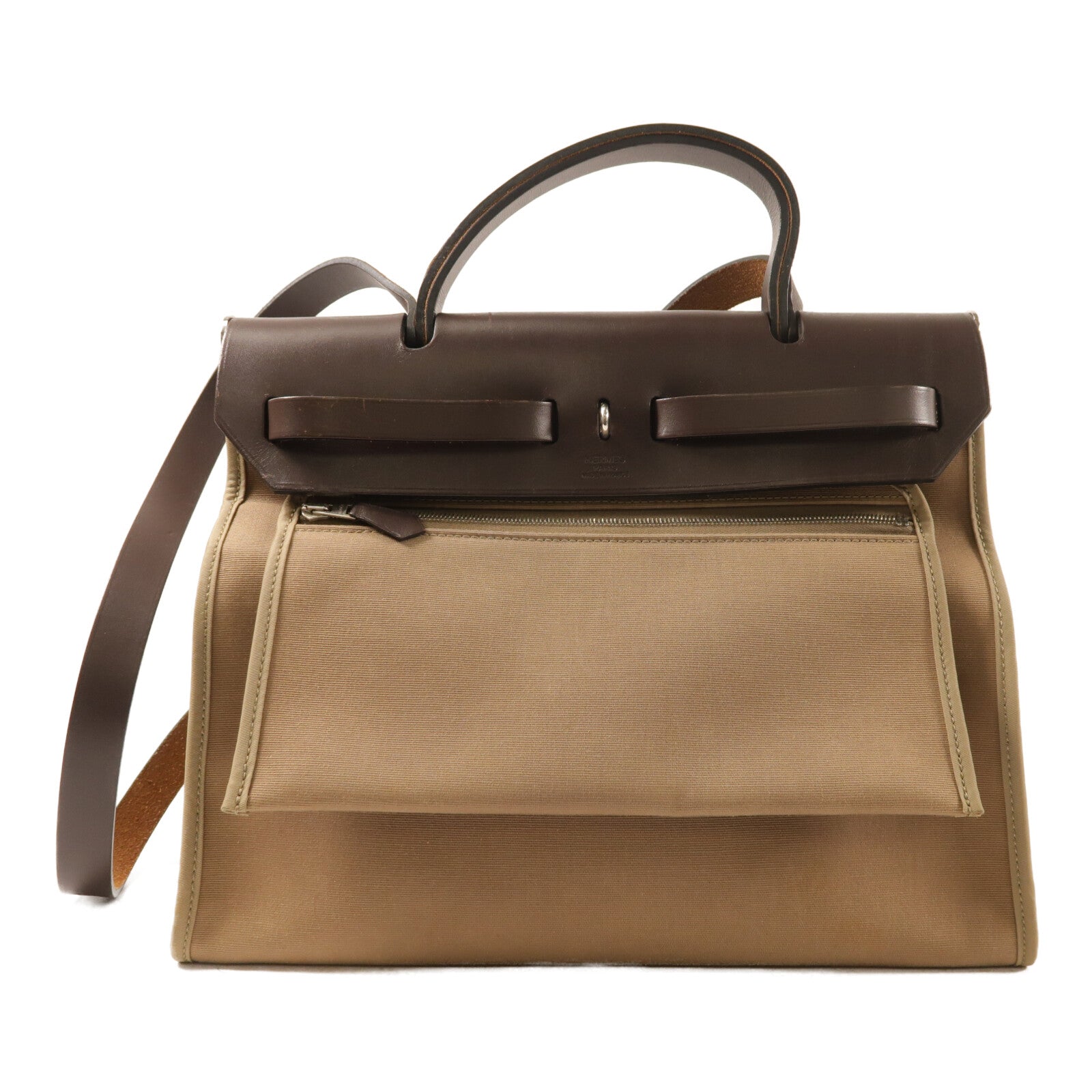 HERMES 帆布Herbag PM銀扣手挽肩背兩用袋Etoupe