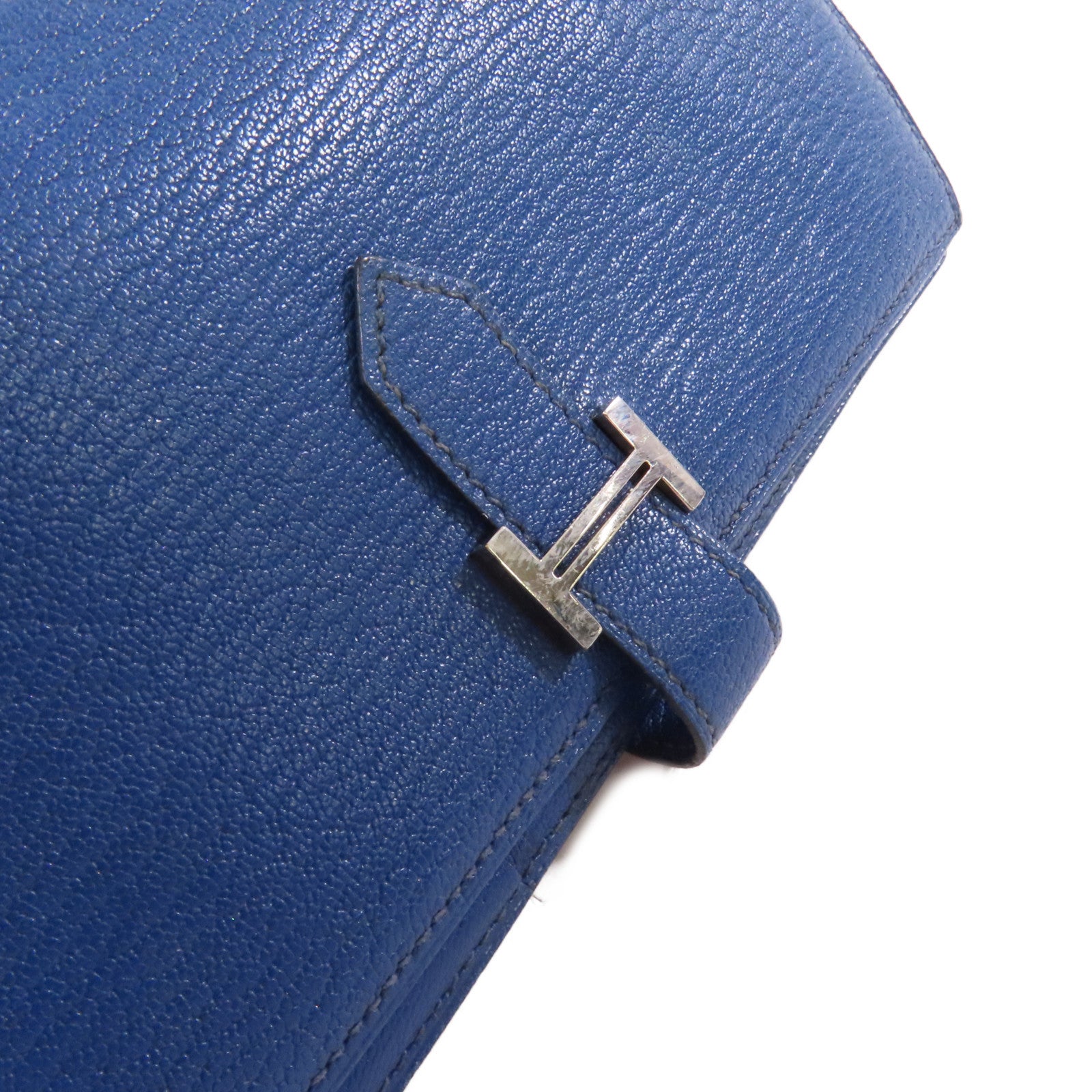 HERMES Chevre皮革Bearn Long Wallet銀扣長錢包73 Bleu Saphir/寶石藍色
