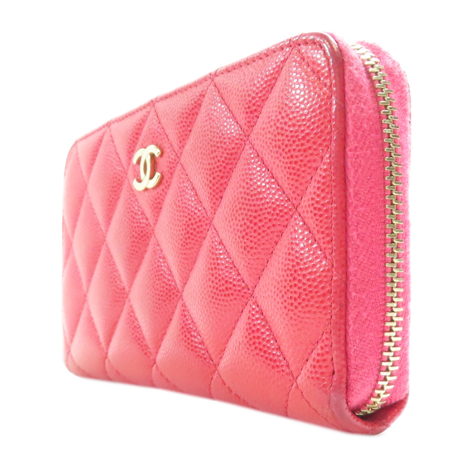 CHANEL 牛皮皮革Zipper Wallet金扣錢包粉紅色