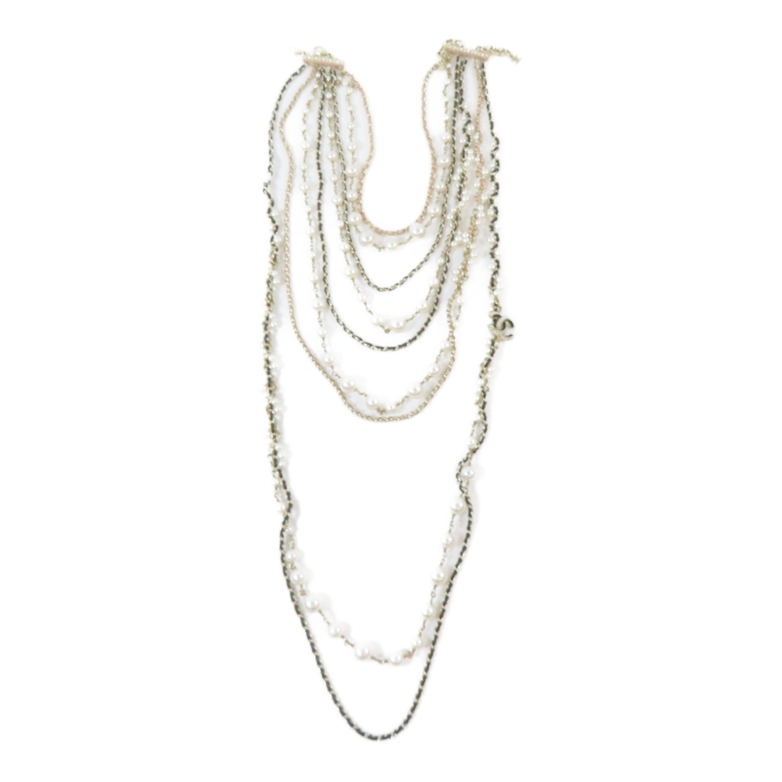 CHANEL PVC/金屬Pearl Long Chain項鍊粉紅色/黑色