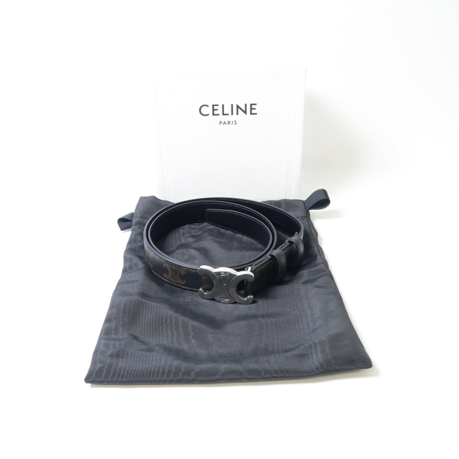 CELINE 【激減優惠】塗層帆布Belt Triomphe銀扣皮帶啡色