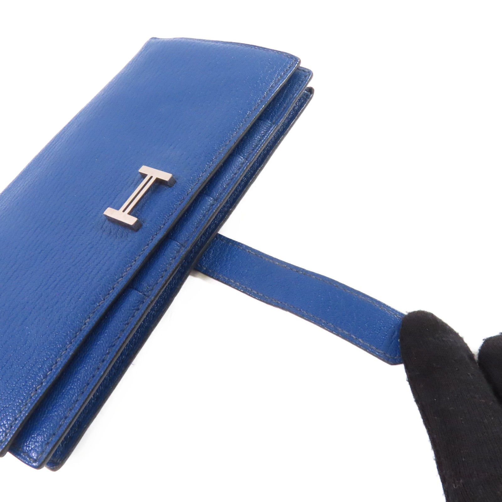 HERMES Chevre皮革Bearn Long Wallet銀扣長錢包73 Bleu Saphir/寶石藍色