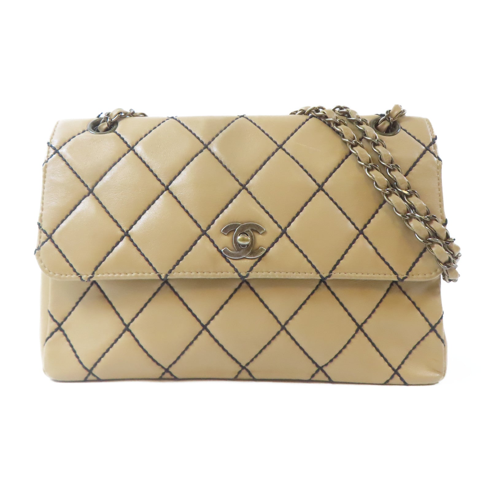 CHANEL 菱格牛皮皮革Chain Shoulder金扣鏈帶肩背袋啡色