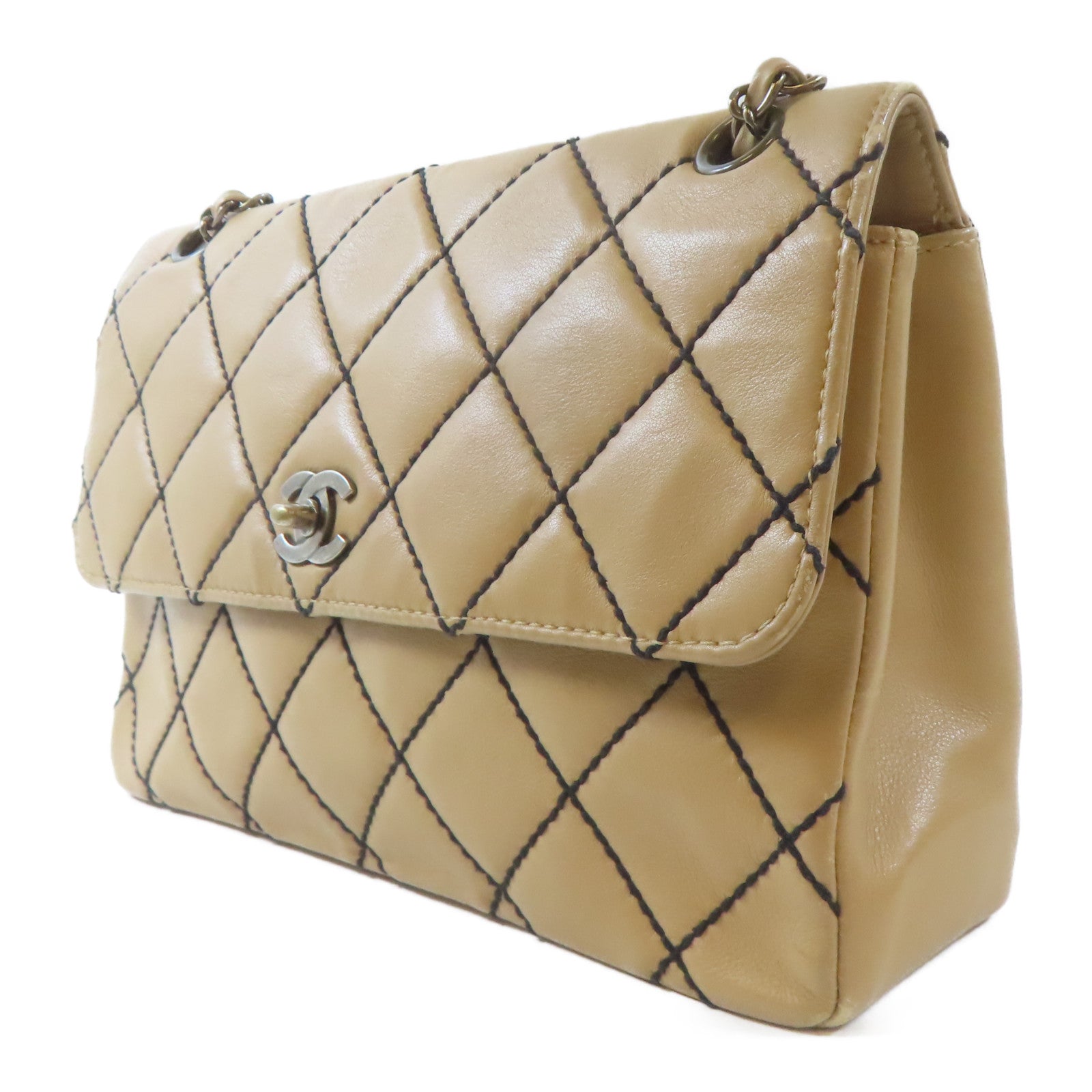 CHANEL 菱格牛皮皮革Chain Shoulder金扣鏈帶肩背袋啡色