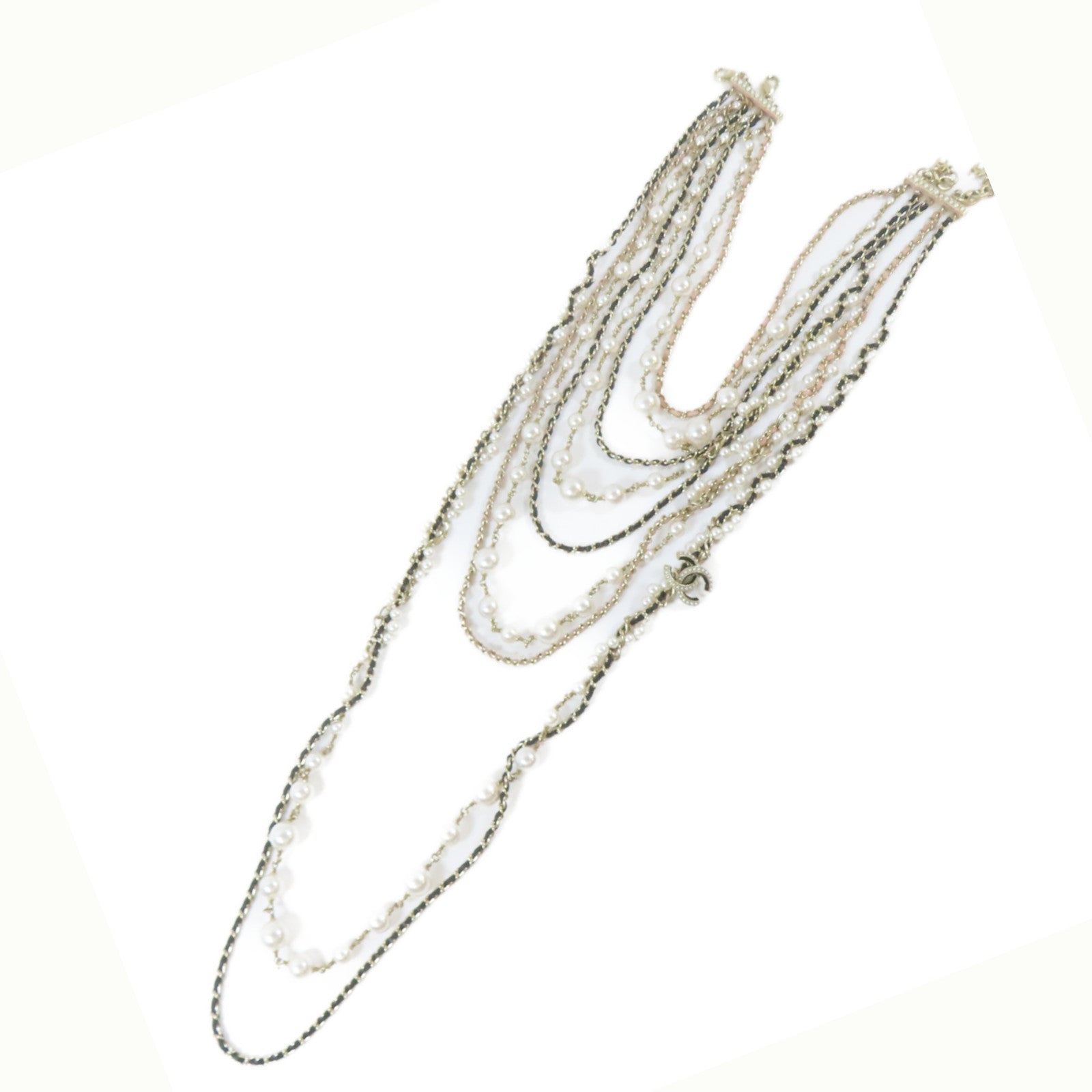 CHANEL PVC/金屬Pearl Long Chain項鍊粉紅色/黑色