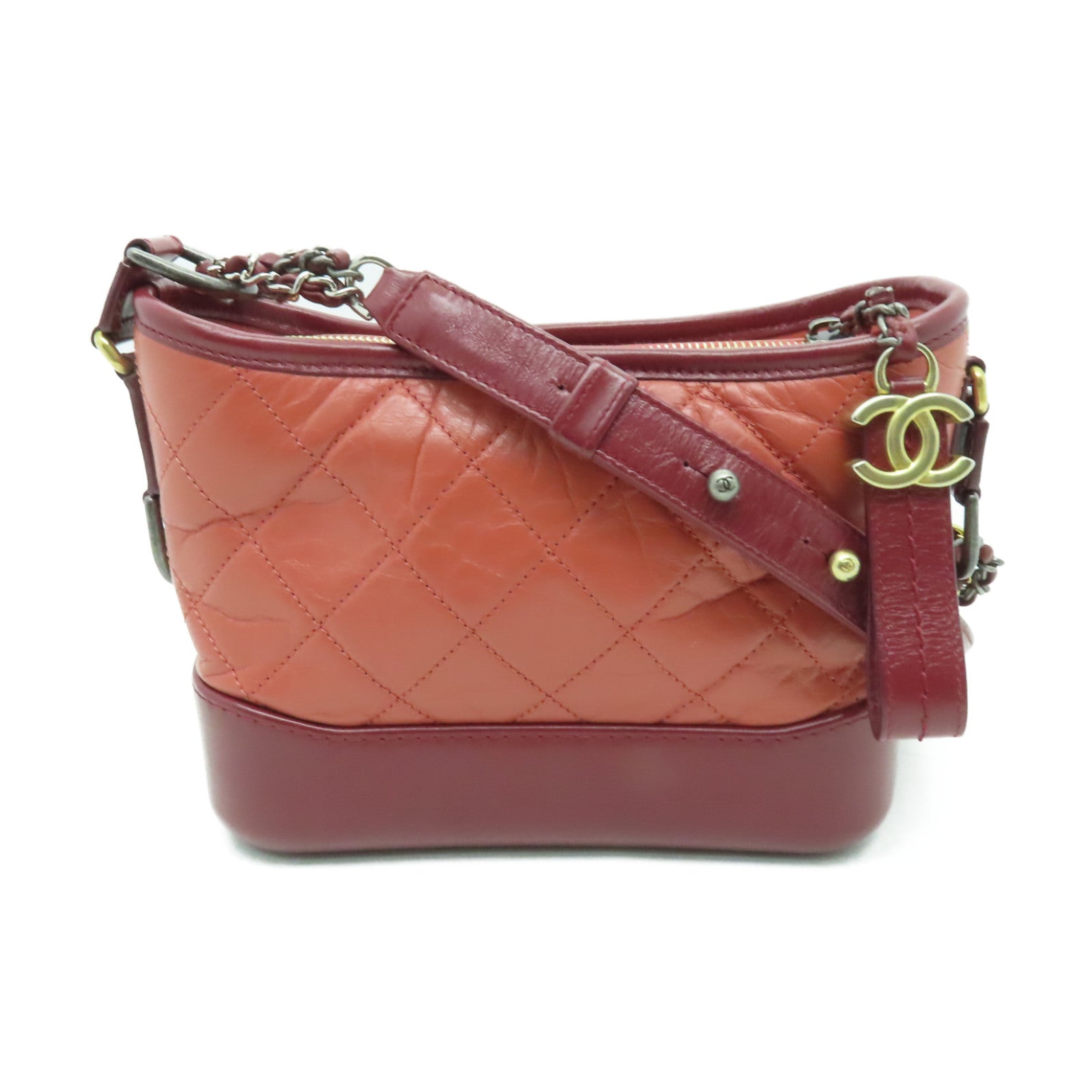 CHANEL 【激減優惠】菱格牛皮皮革Gabrielle Hobo Mini金扣/銀扣鏈帶肩背袋粉紅色/紅色