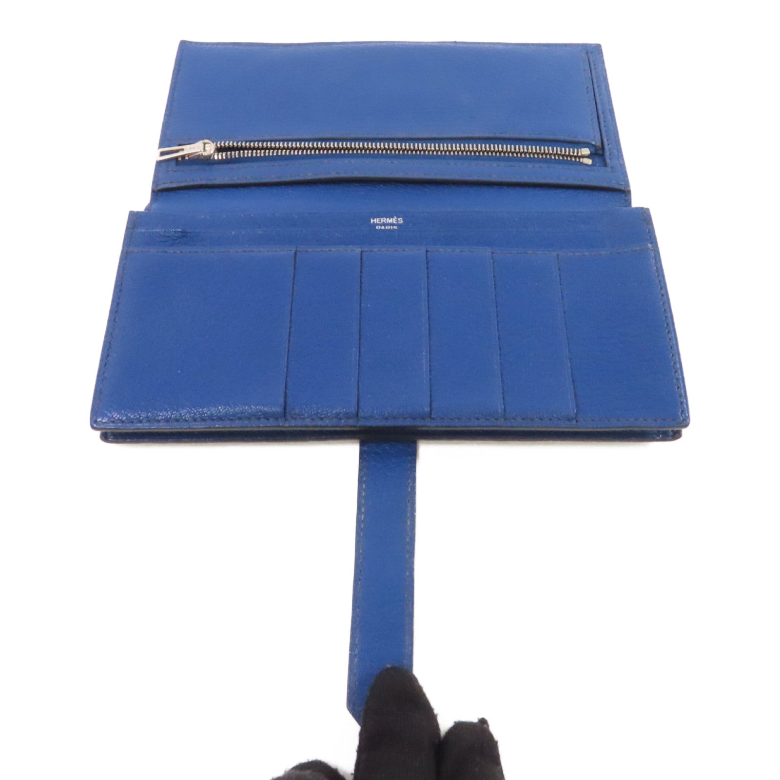 HERMES Chevre皮革Bearn Long Wallet銀扣長錢包73 Bleu Saphir/寶石藍色