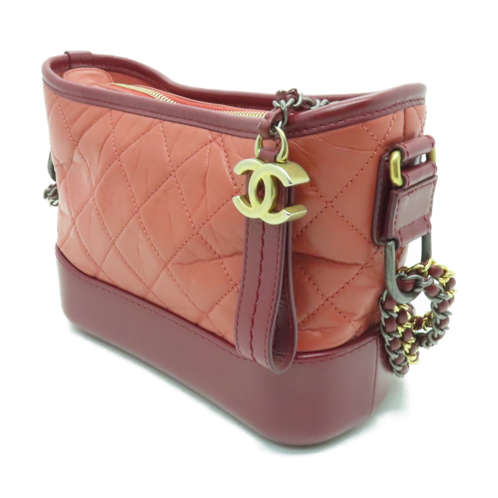 CHANEL 【激減優惠】菱格牛皮皮革Gabrielle Hobo Mini金扣/銀扣鏈帶肩背袋粉紅色/紅色