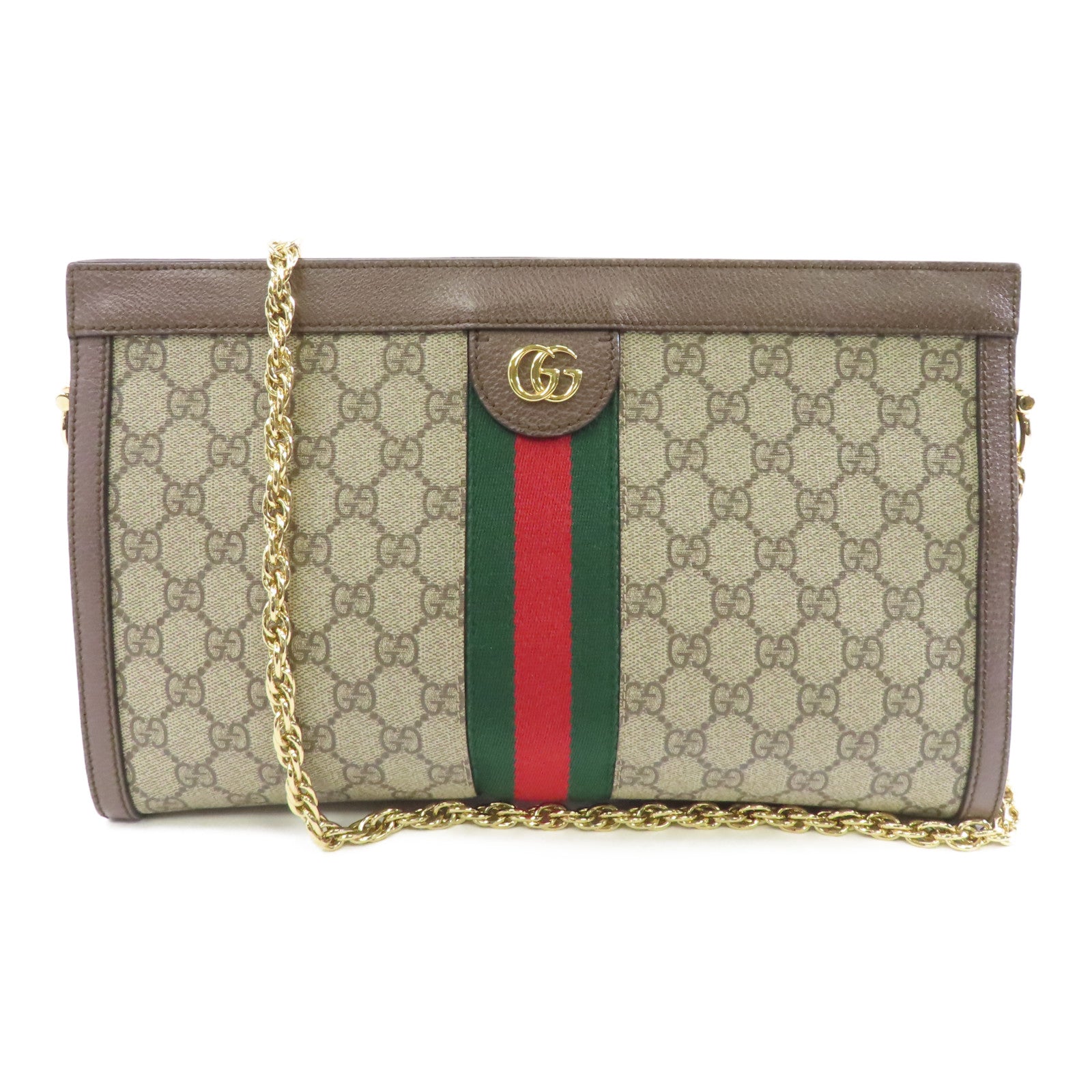 GUCCI 塗層帆布Ophidia GG金扣鏈帶肩背袋棕色