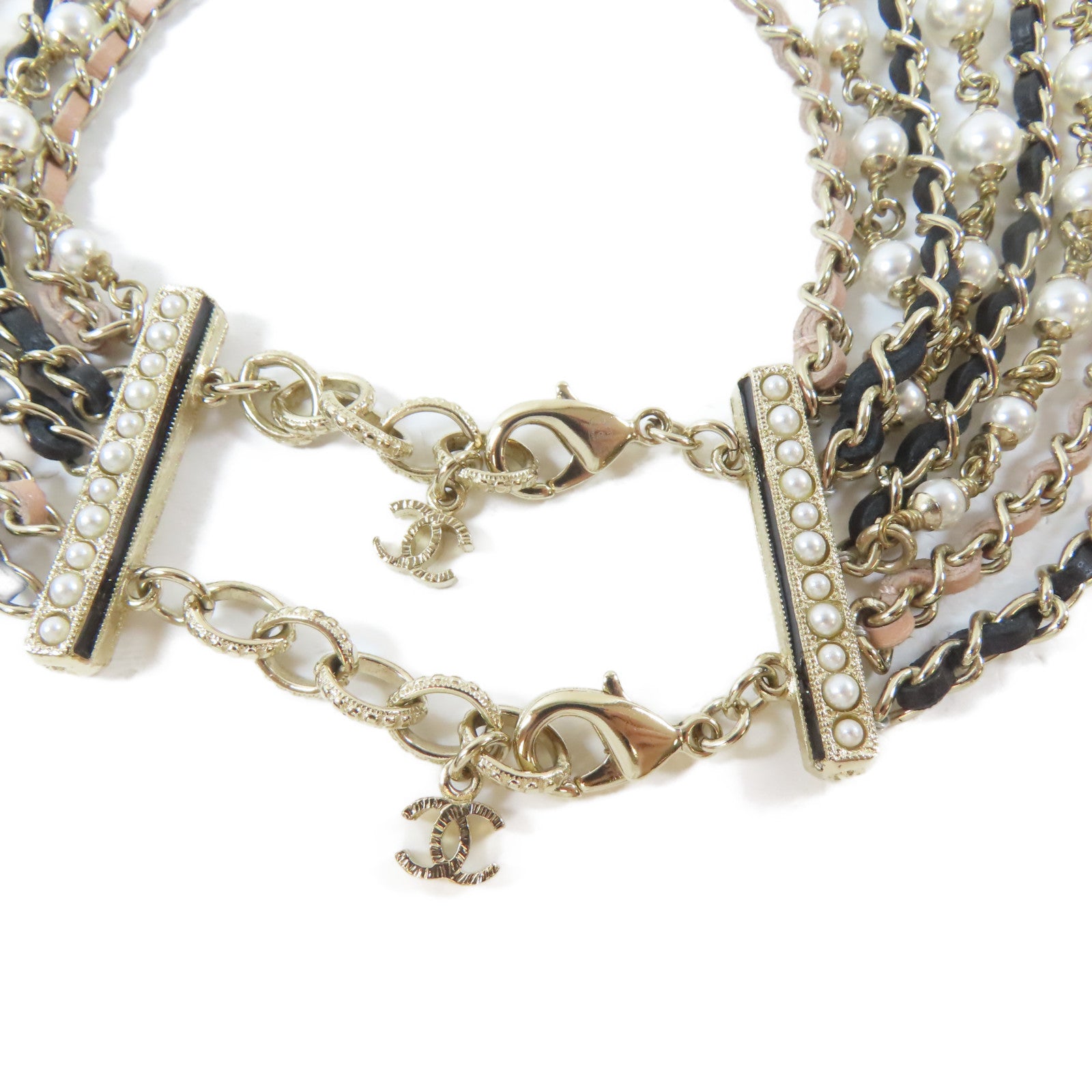 CHANEL PVC/金屬Pearl Long Chain項鍊粉紅色/黑色