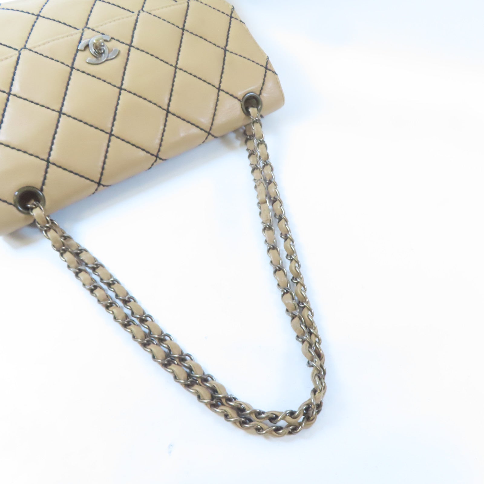CHANEL 菱格牛皮皮革Chain Shoulder金扣鏈帶肩背袋啡色