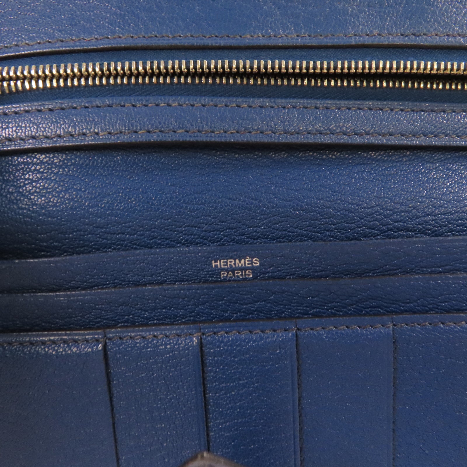 HERMES Chevre皮革Bearn Long Wallet銀扣長錢包73 Bleu Saphir/寶石藍色