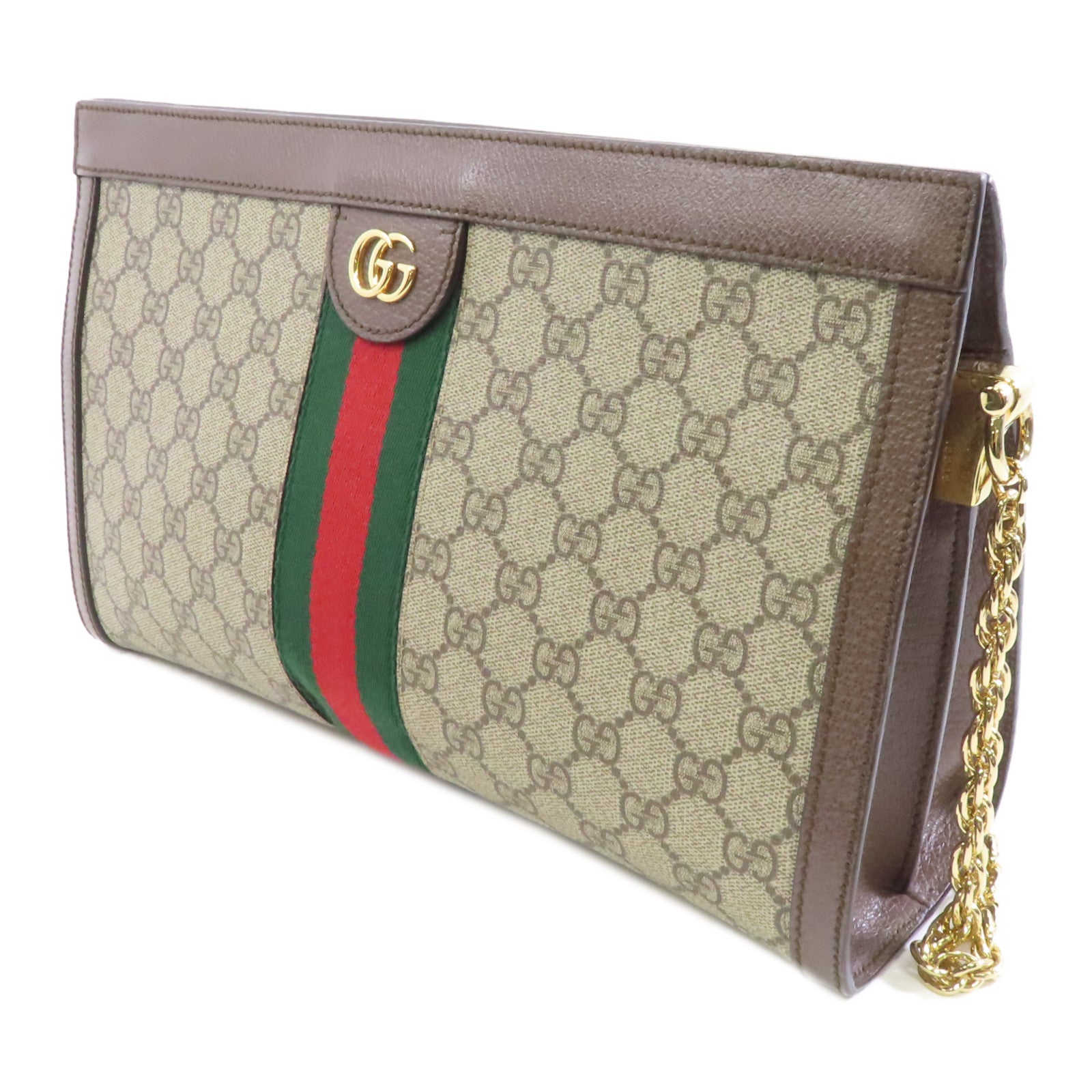 GUCCI 塗層帆布Ophidia GG金扣鏈帶肩背袋棕色
