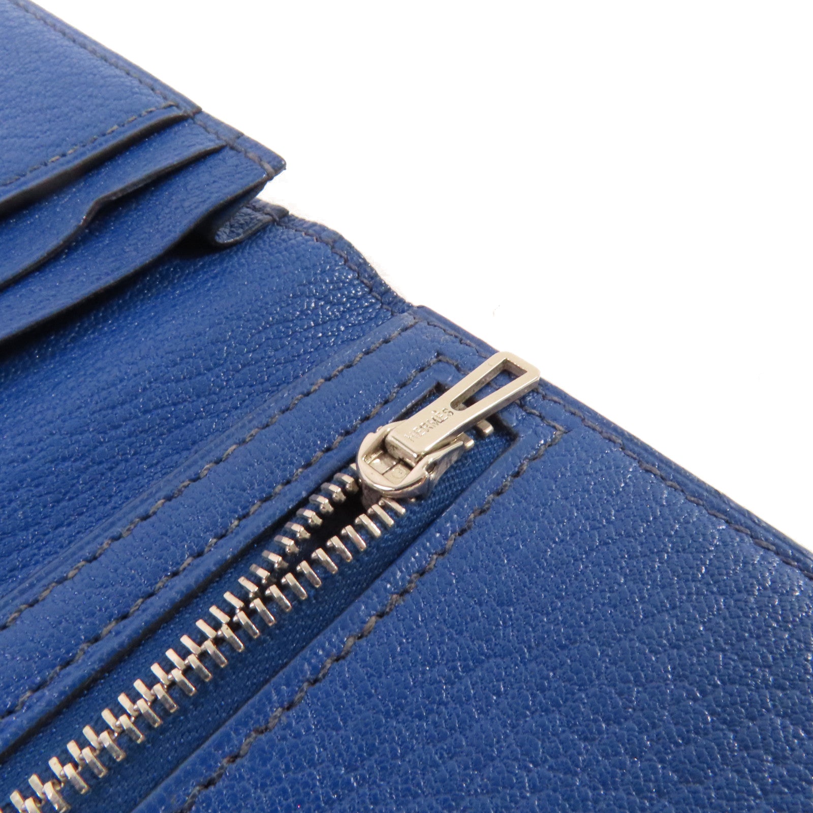 HERMES Chevre皮革Bearn Long Wallet銀扣長錢包73 Bleu Saphir/寶石藍色